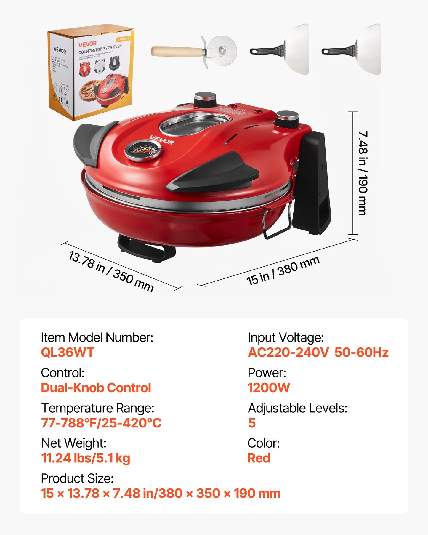 Pizza Oven, 12 in Electric Pizza Maker, 1200W Electric Pizzas Cooker with Cordierite Stone, 5-Mode Temperature Control, Viewing Window for Precise Cooking, Heats up to 788 ˚F, for Home (Red)