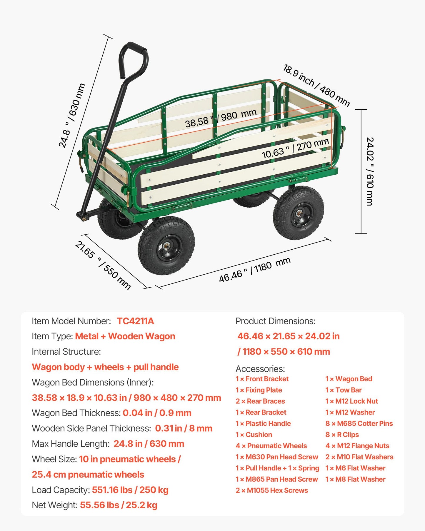 Pull-Along Wagon for Kids, 39 in Toddler Wagons with Foldable Wooden Panel & Handle, Supports up to 551 lbs, 10" All-Terrain Tires, Utility Wagon Cart Birthday Present for Kids Gardening Beach
