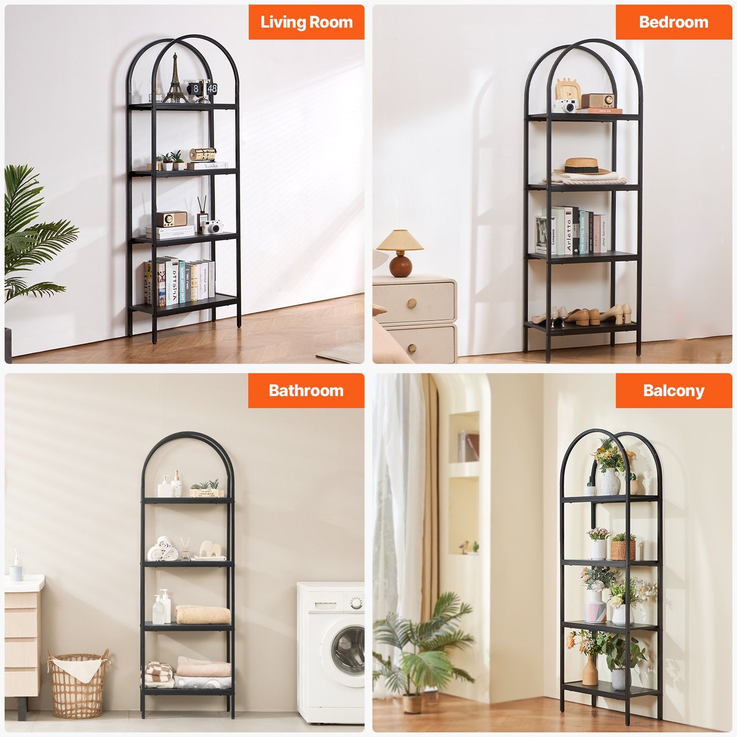 Metal Bookshelf, 4-Tier Arched Industrial Bookshelf, Small Rustic Vintage Storage Bookcase with Open Shelves, Freestanding Display Shelving Unit Storage Rack, for Living room, Bedroom & Office