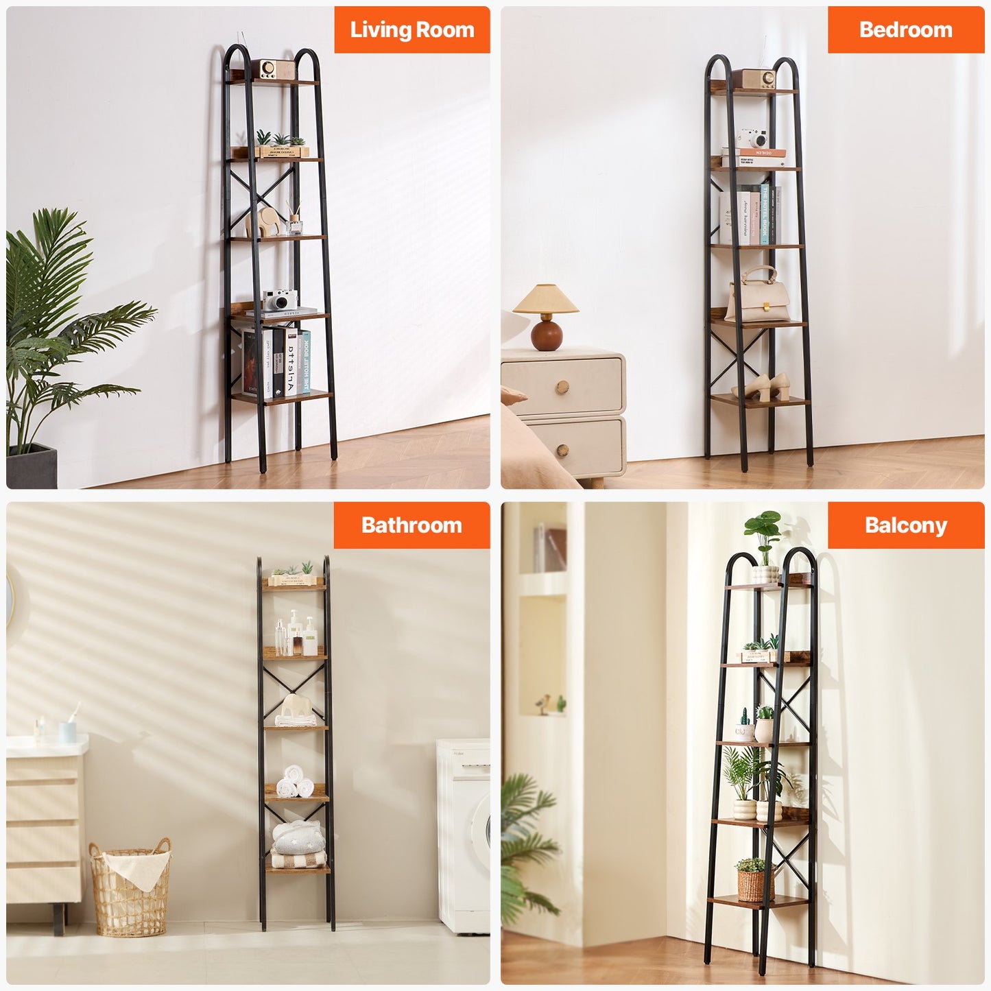 Metal Bookshelf, 5-Tier Industrial Bookshelf, Tall Narrow Rustic Vintage Storage Bookcase with Open Shelves, Freestanding Display Shelving Unit Storage Rack, for Living room, Bedroom & Office