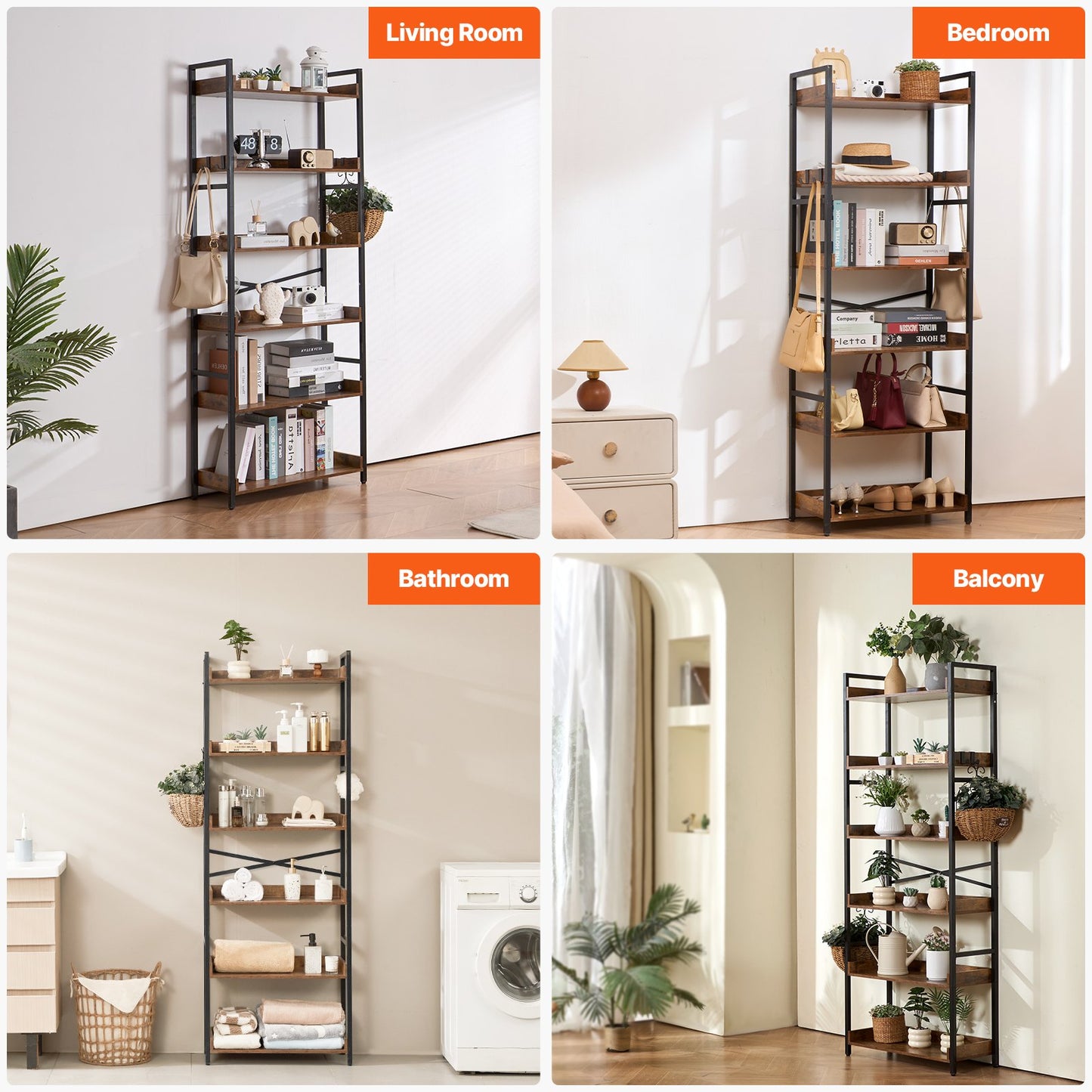 Metal Bookshelf, 6-Tier Industrial Bookshelf, Tall Wide Rustic Vintage Storage Bookcase with Open Shelves, Freestanding Display Shelving Unit Storage Rack, for Living room, Bedroom & Office