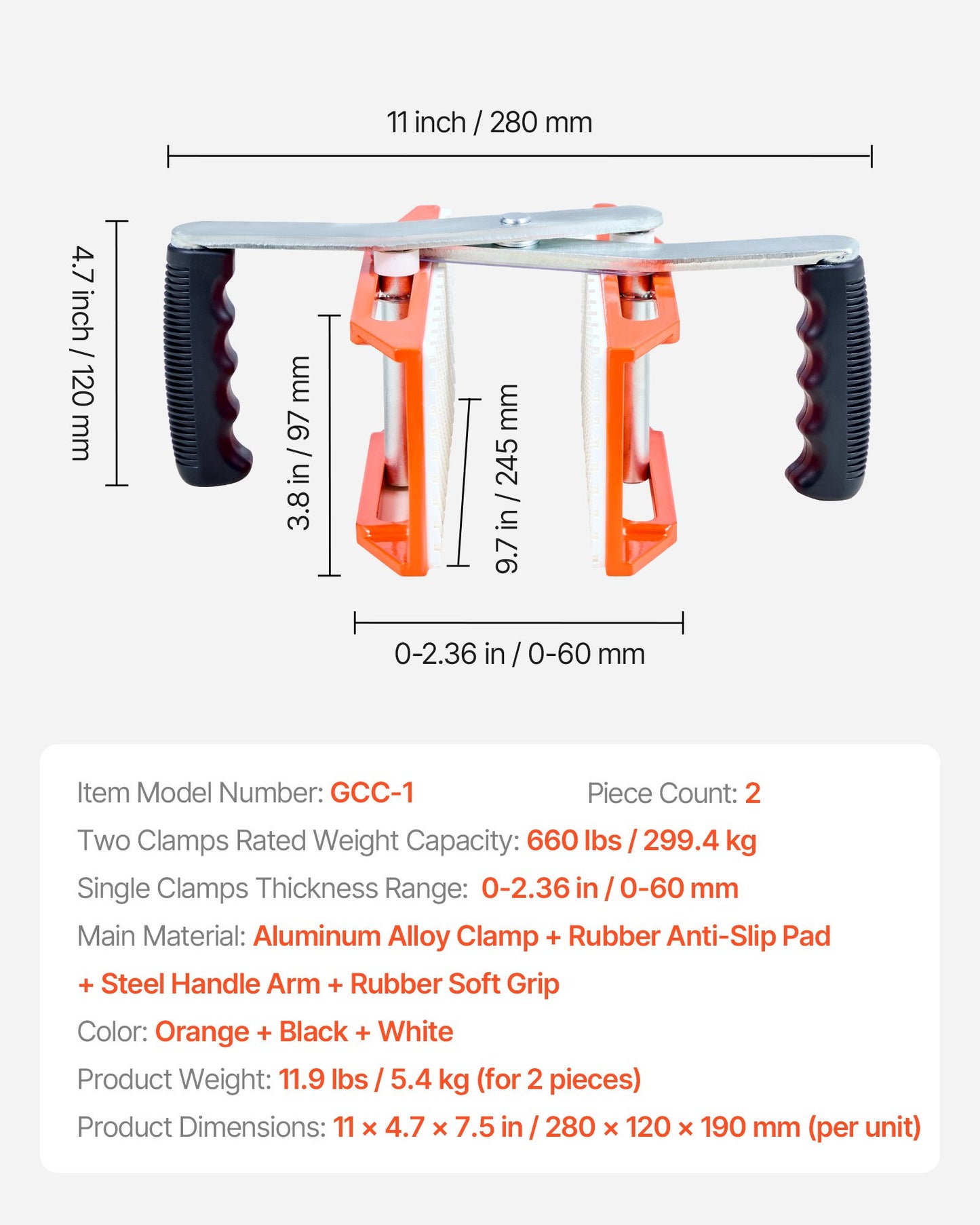 Double Handed Stone Carrying Clamps, 660 lbs Load Capacity, 2 Pack Granite Panel Carriers Lifting Tools with Rubber-lined (0-2.36 Inches), Heavy Duty lifting Clamps for Plywood, Glass, Granite