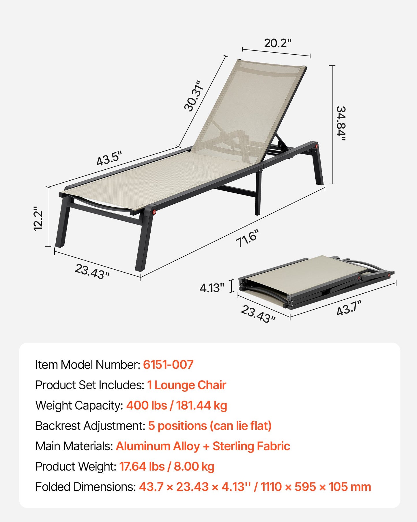 Outdoor Chaise Lounge Chair, 400 lbs Weight Capacity, Foldable Sun Tanning Chair, 5 Adjustable Positions, Easy Assembly, Heavy Duty Aluminum Pool Recliner Lounge Chairs, for Beach Yard Patio