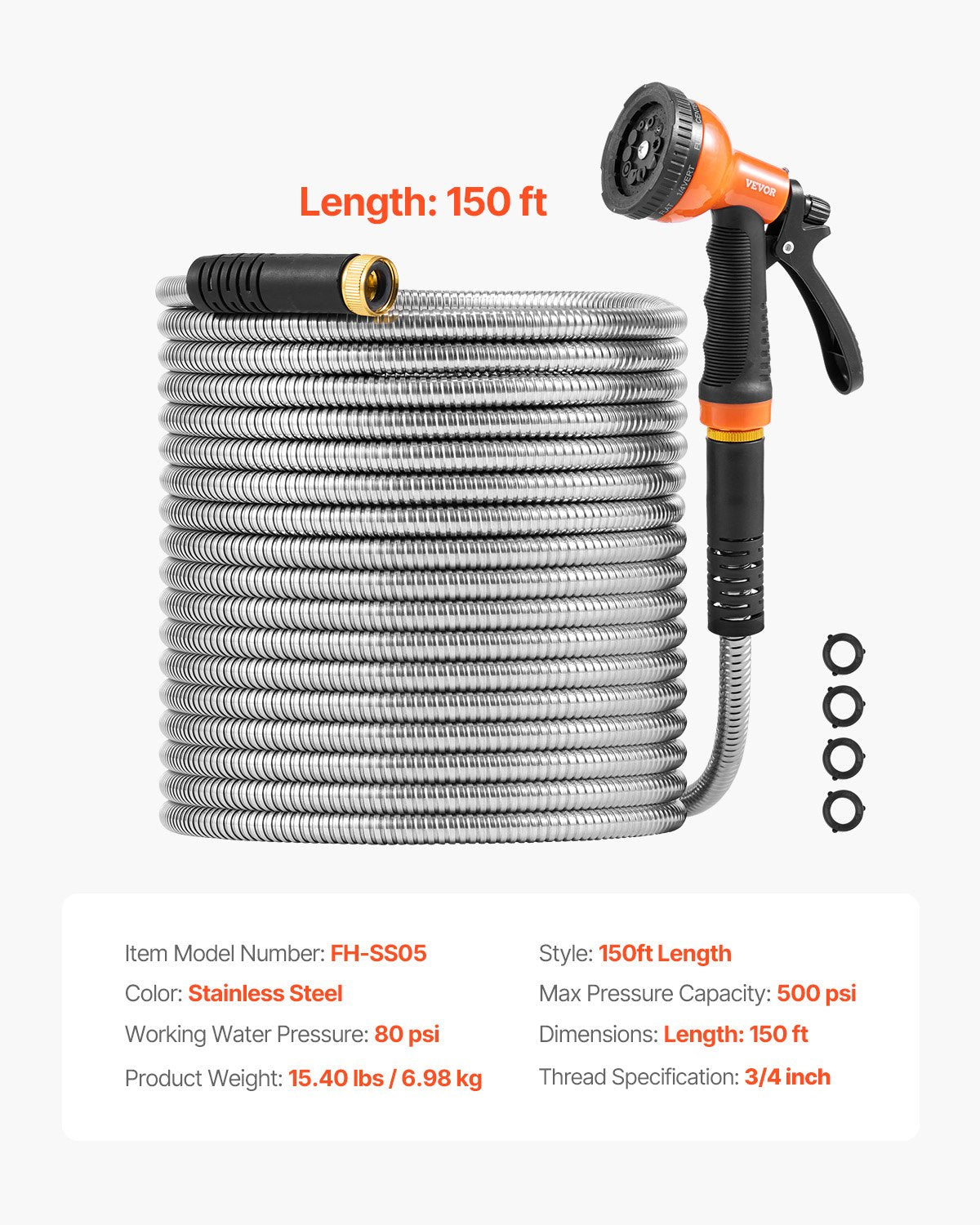 Metal Garden Hose 150 ft, Rust Proof Stainless Steel Water Hose, Heavy Duty Backyard Hose with 10 Function Nozzle, No-Kink & Flexible Water Pipe, Lightweight Metal Hose for Yard, Outdoor