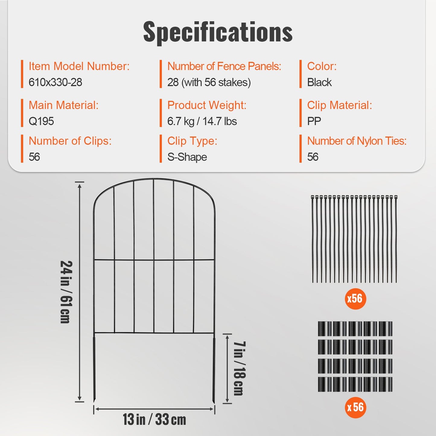 Garden Fence, 24in(H) x30ft(L) Animal Barrier Fence, Underground Decorative Garden Fencing with 2 Inch Spike Spacing, Metal Dog Fence for the Yard and Outdoor Patio, 28 Pack