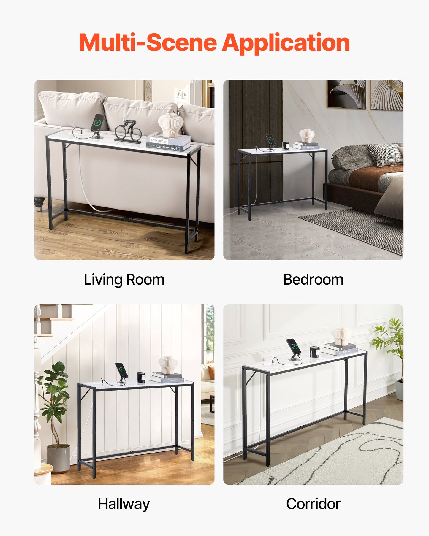 Marble Console Table, Modern Narrow Long Console Table with Power Outlet, Thin Sofa Side Table with Iron Tubes, Anti-Tip Device and Triangular Support for Living Room, Hallway, Entryway, Foyer
