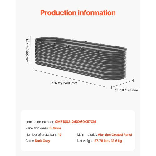 Upphöjd trädgårdsbädd i metall, 2,4 x 6 x 6 m galvaniserad planteringslåda för utomhusbruk, med öppen botten, stor oval planteringsbädd för trädgårdsskötsel av grönsaker, blommor, örter och suckulenter, mörkgrå | EU