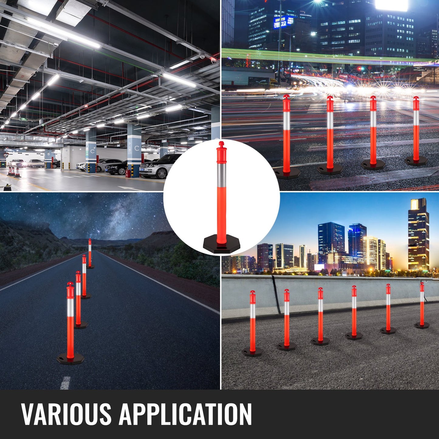 5Pack Delineator Posts 44 Inch Height, Orange PE Delineator Post Kit 10 inch Reflective Band, Traffic Delineator Posts with Rubber Base 16 inch for Construction Sites, Facility Management etc.