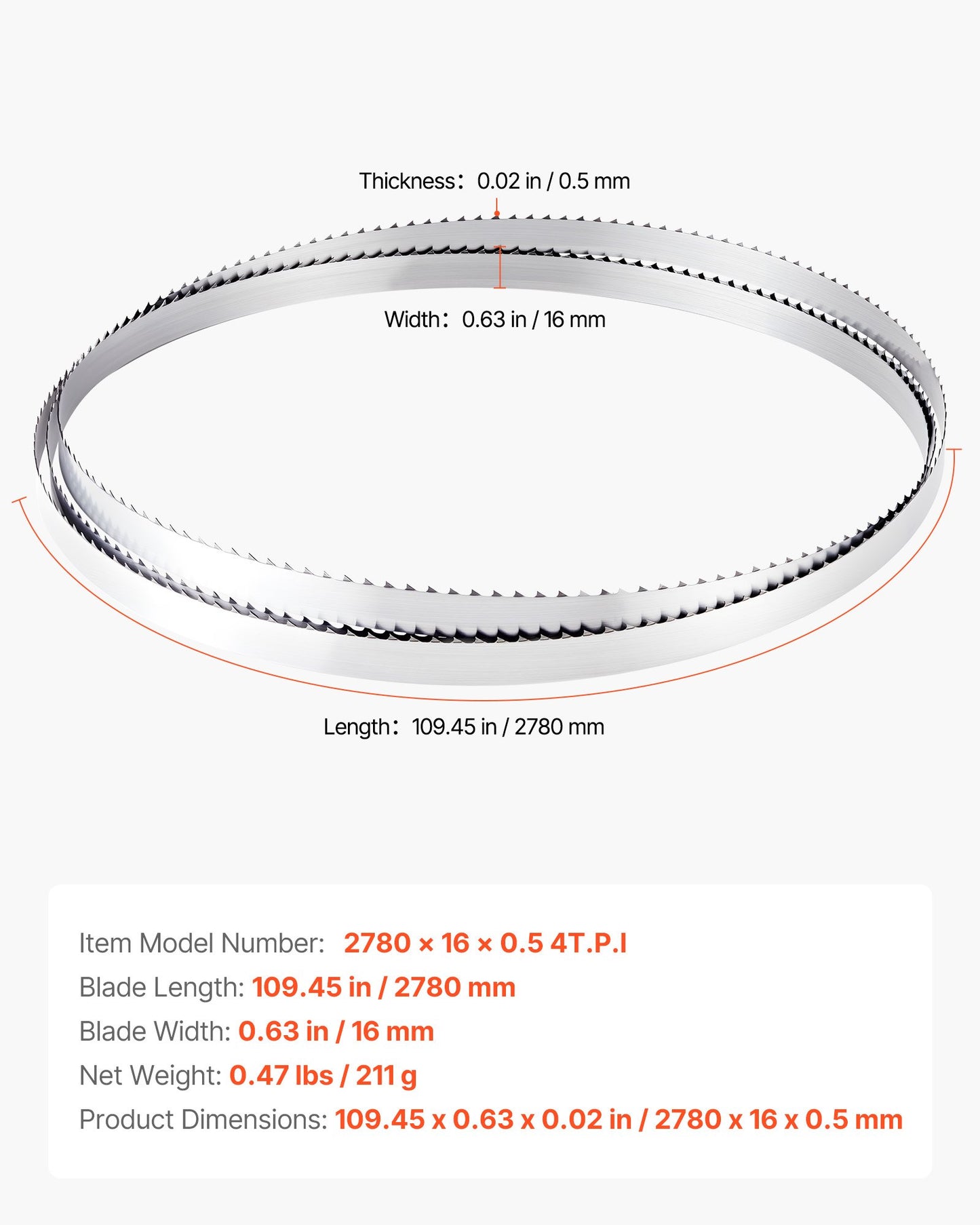 Bandsaw Blade, 109.45 Inch Length, 4 TPI Band Saw Blade with 18 HRC Hardened Sharp Teeth, High-Strength Carbon Steel, 0.6 Inch Width, Replacement for Major Woodworking Band Saw Brands, 1 Pack