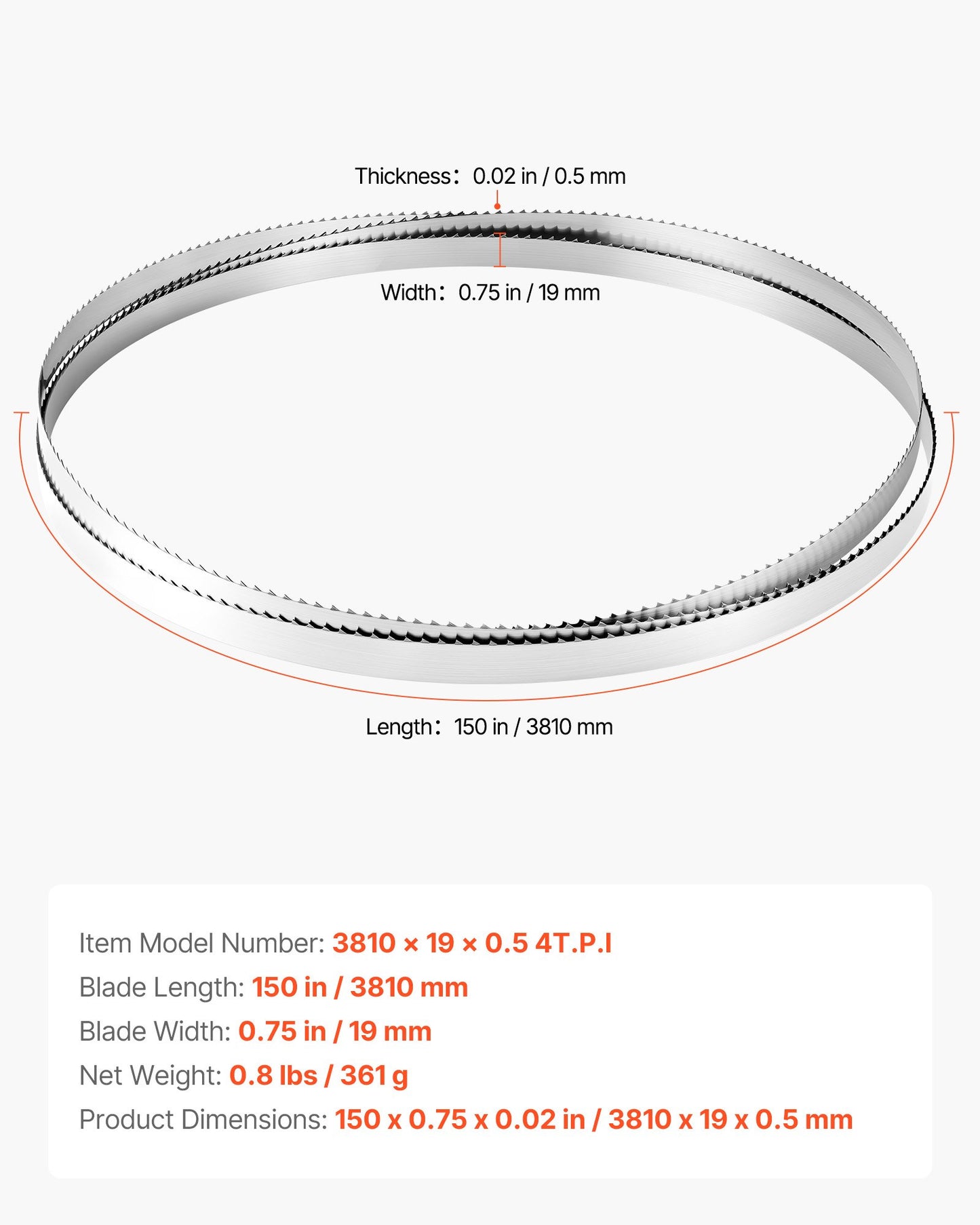 Bandsaw Blade, 150 Inch Length, 4 TPI Band Saw Blade with 18 HRC Hardened Sharp Teeth, SK5 High-Strength Carbon Steel, 0.75 Inch Width, Replacement for Major Woodworking Band Saw Brands, 1 Pack