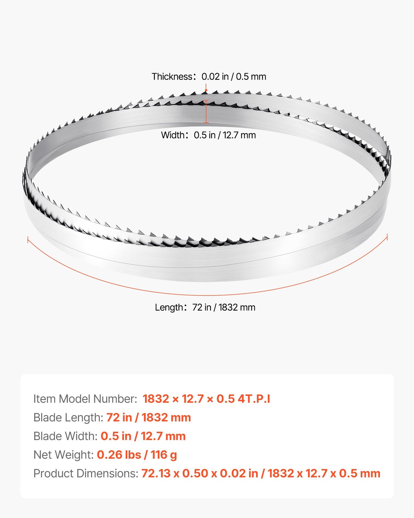 Bandsaw Blade, 72 Inch Length, 4 TPI Band Saw Blade with 18 HRC Hardened Sharp Teeth, SK5 High-Strength Carbon Steel, 0.5 Inch Width, Replacement for Major Woodworking Band Saw Brands, 1 Pack
