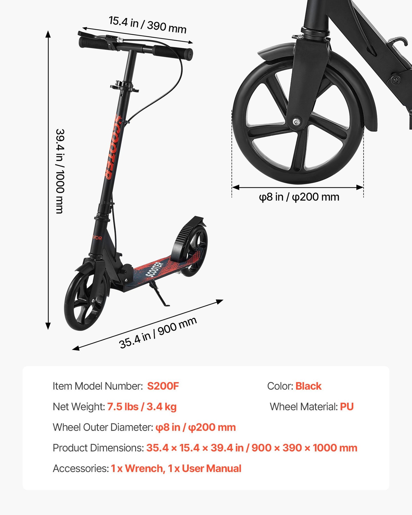 Kick Scooter for Kids Ages 8+, Teens & Adults, 2-Wheel Toddler Scooter with Height Adjustable Handlebar, Wide Anti-Slip Deck, Foldable Lightweight Frame for Boys & Girls up to 220 lbs, Black