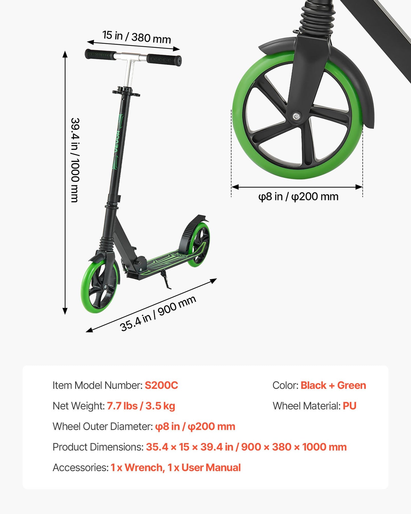 Kick Scooter for Kids Ages 8+, Teens & Adults, 2-Wheel Toddler Scooter with Adjustable Height Handlebar, Wide Anti-Slip Deck, Foldable Lightweight for Boys & Girls up to 220 lbs, Black + Green