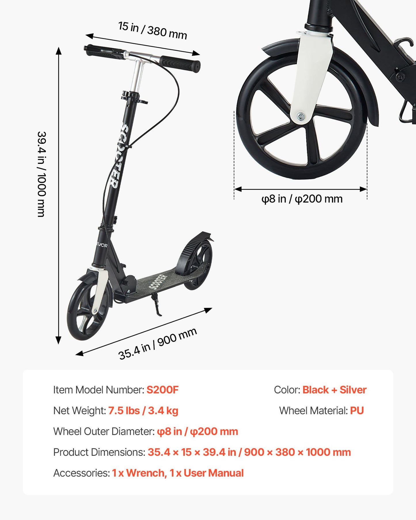 Kick Scooter for Kids Ages 8+, Teens & Adults, 2-Wheel Toddler Scooter with Adjustable Height Handlebar, Wide Anti-Slip Deck, Foldable Lightweight for Boys & Girls up to 220 lbs, Black + Silver