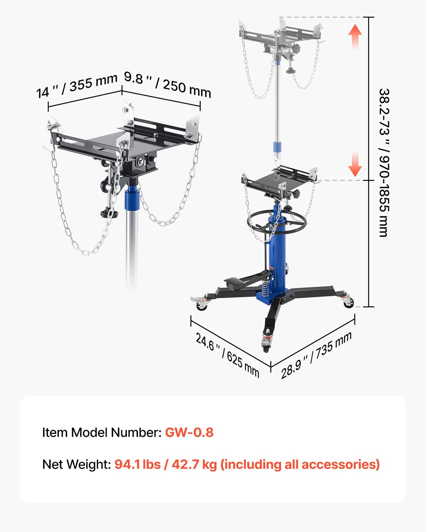 Hydraulic Transmission Jack, 1660 lbs / 0.75 Ton Lifting Capacity Telescoping Transmission Jack with Foot Pedal, 360° Swivel Wheel, 34.6-69.3 in High Lifting Height, Lift Hoist for Garage/Shop