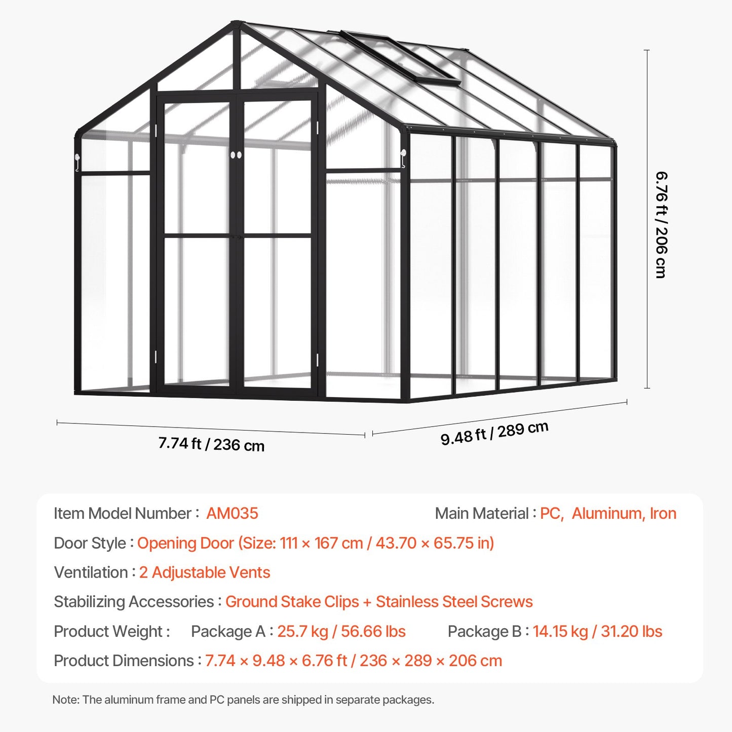 Polycarbonate Greenhouse, 8 x 10 Ft, Outdoor Greenhouse with 2 Vent Windows, Pavilion Styled Greenhouse with Hinged Door, Aluminum Large Walk-in Greenhouse Kit for Outside Garden Backyard