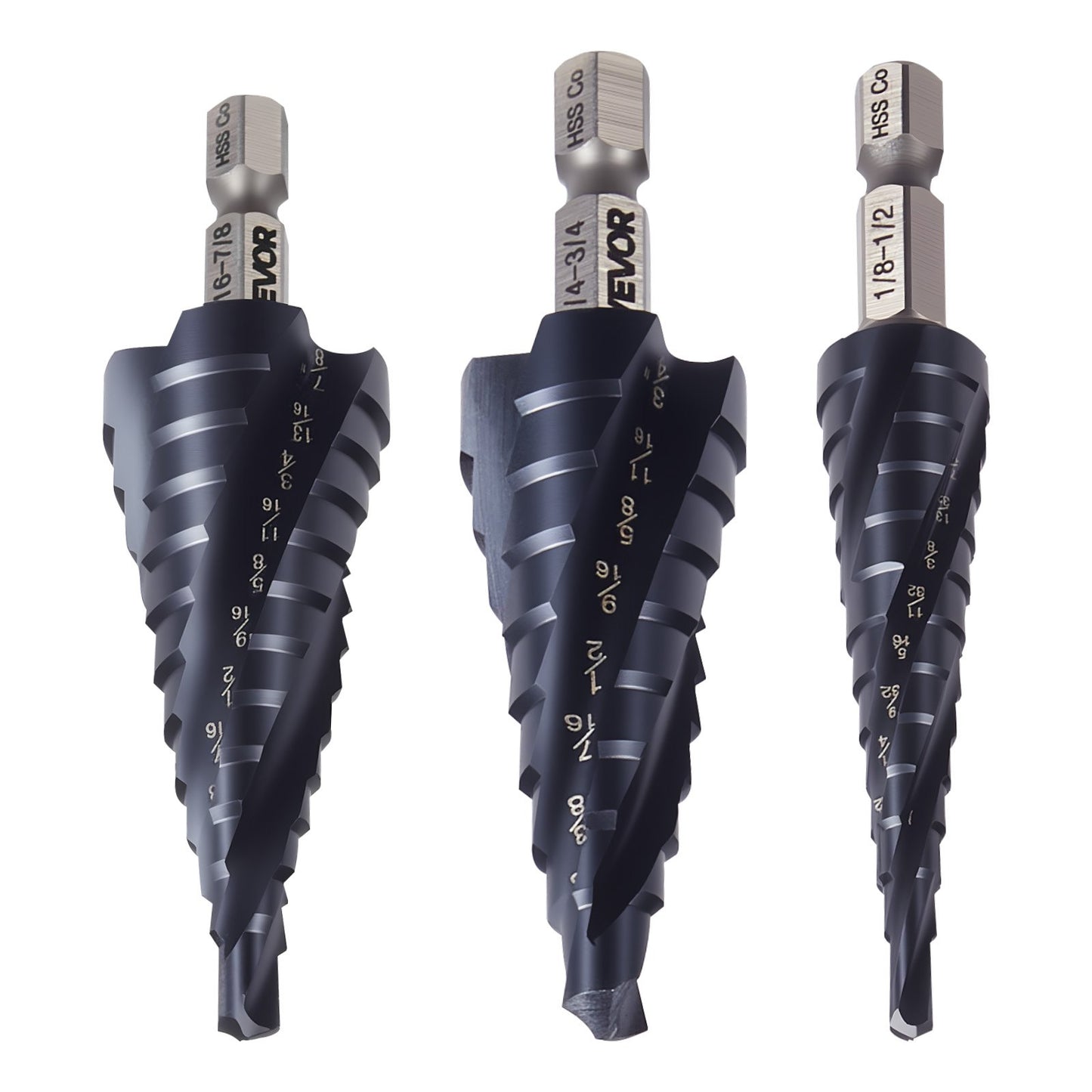 Step Drill Bit Set, 1/8 - 7/8 inch, 3 Pieces Step Drill Bits, 1/4 inch Hex Shank, TiAlN Coating Cobalt HSS High Speed Steel, for Metal, Stainless Steel, Aluminum, Wood, Plastic, Fiberglass