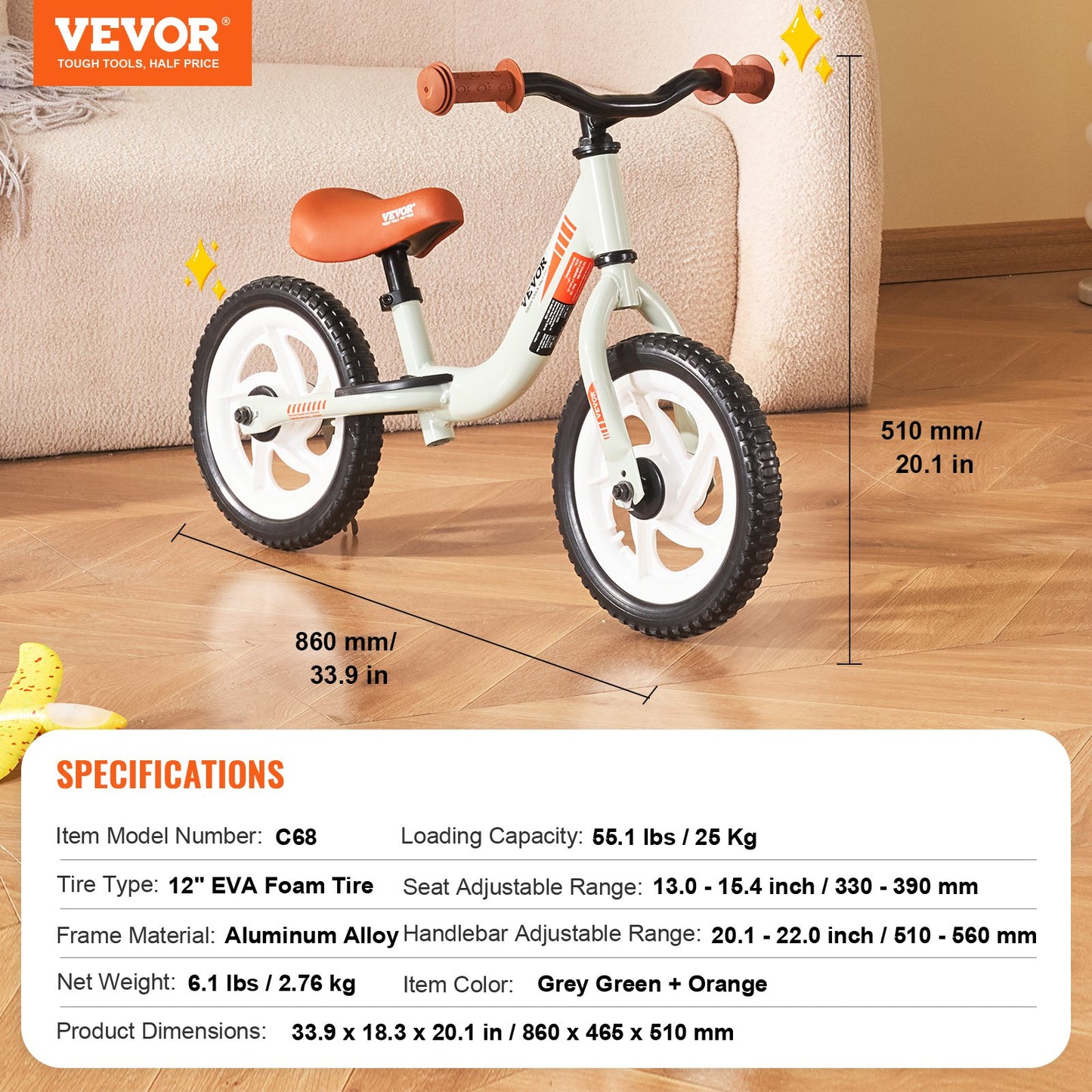 Toddler Balance Bike, 12" Lightweight Aluminum Alloy Kids Bike with Adjustable Seat & Handlebar, EVA Foam Tires, No Pedal Kids Balance Bicycle Gift for 1-5 Years Boys Girls, 55LBS Support