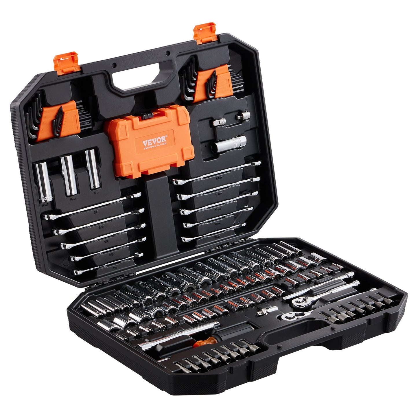 Mechanics Tool Set and Socket Set, 1/4" and 3/8" Drive Deep and Standard Sockets, 145 Pcs SAE and Metric Mechanic Tool Kit with Bits, Combination Wrench, Hex Wrenches, Accessories, Storage Case