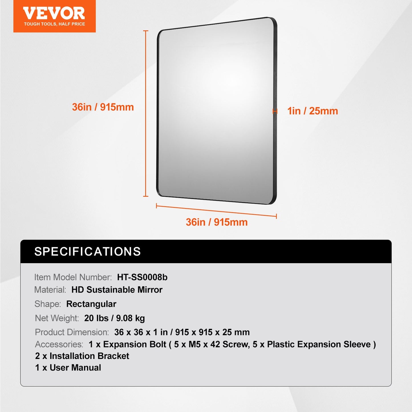 Wall Mounted Makeup Mirror, 0.15" Thick, 36" x 36" Mirror with Aluminium Alloy Frame & Explosion-Proof Film, Scratch-Resistant Mirror with Z-Shaped Bracket, Fit for Bathroom/Bedroom/Living Room