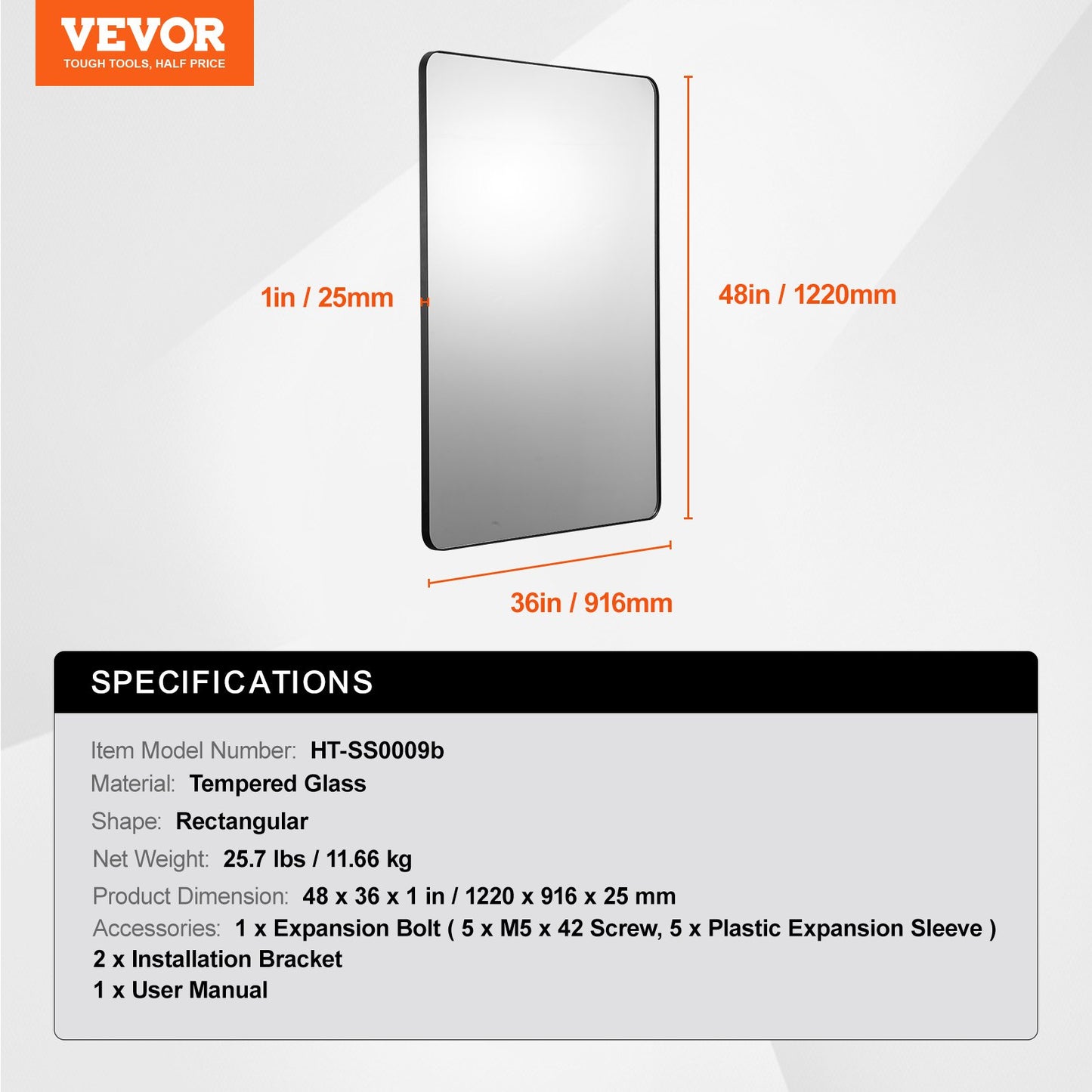 Wall Mounted Makeup Mirror, 0.15" Thick, 36" x 48" Mirror with Aluminium Alloy Frame & Explosion-Proof Film, Scratch-Resistant Mirror with Z-Shaped Bracket, Fit for Bathroom/Bedroom/Living Room