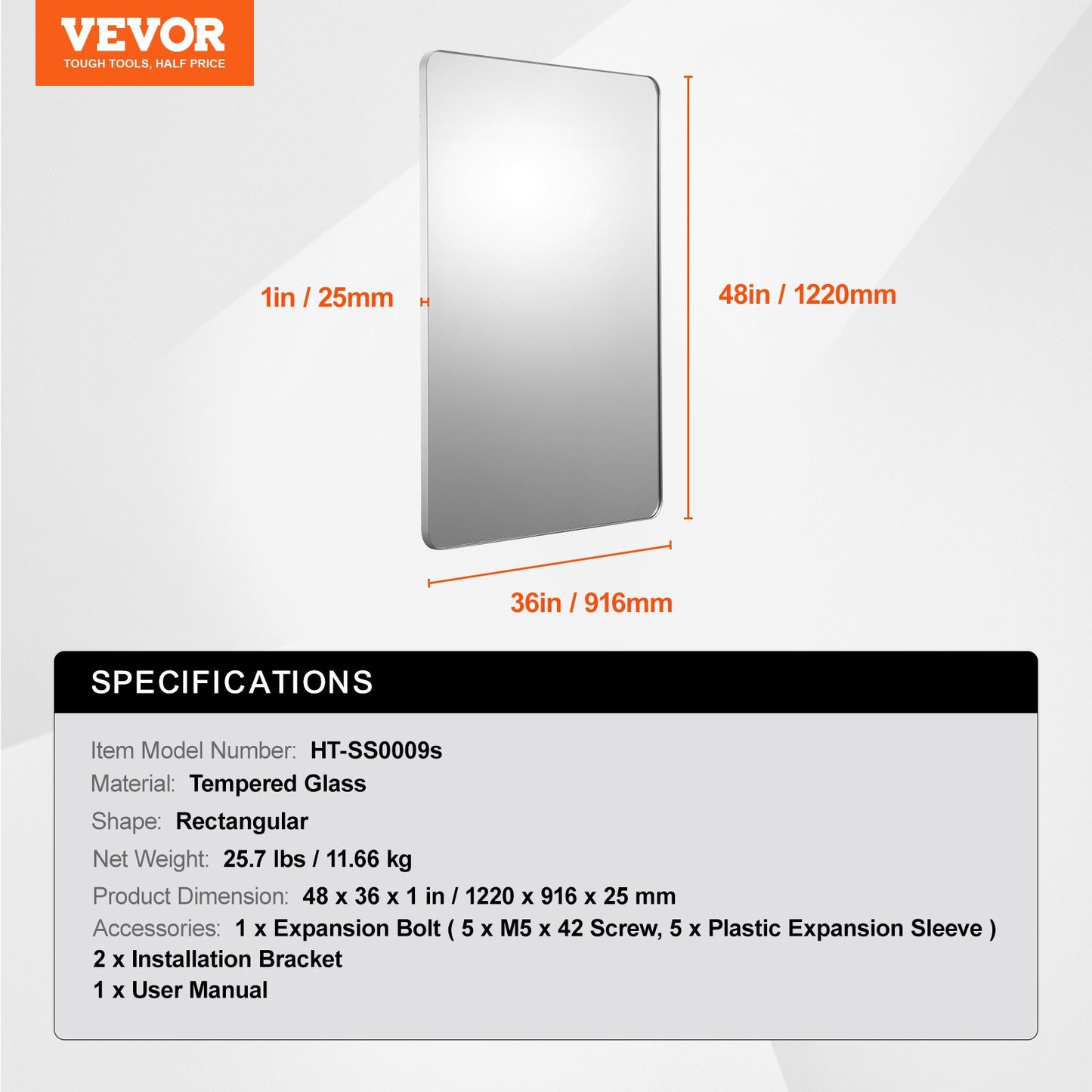 Wall Mounted Makeup Mirror, 0.15" Thick, 36" x 48" Mirror with Aluminium Alloy Frame & Explosion-Proof Film, Scratch-Resistant Mirror with Z-Shaped Bracket, Fit for Bathroom/Bedroom/Living Room