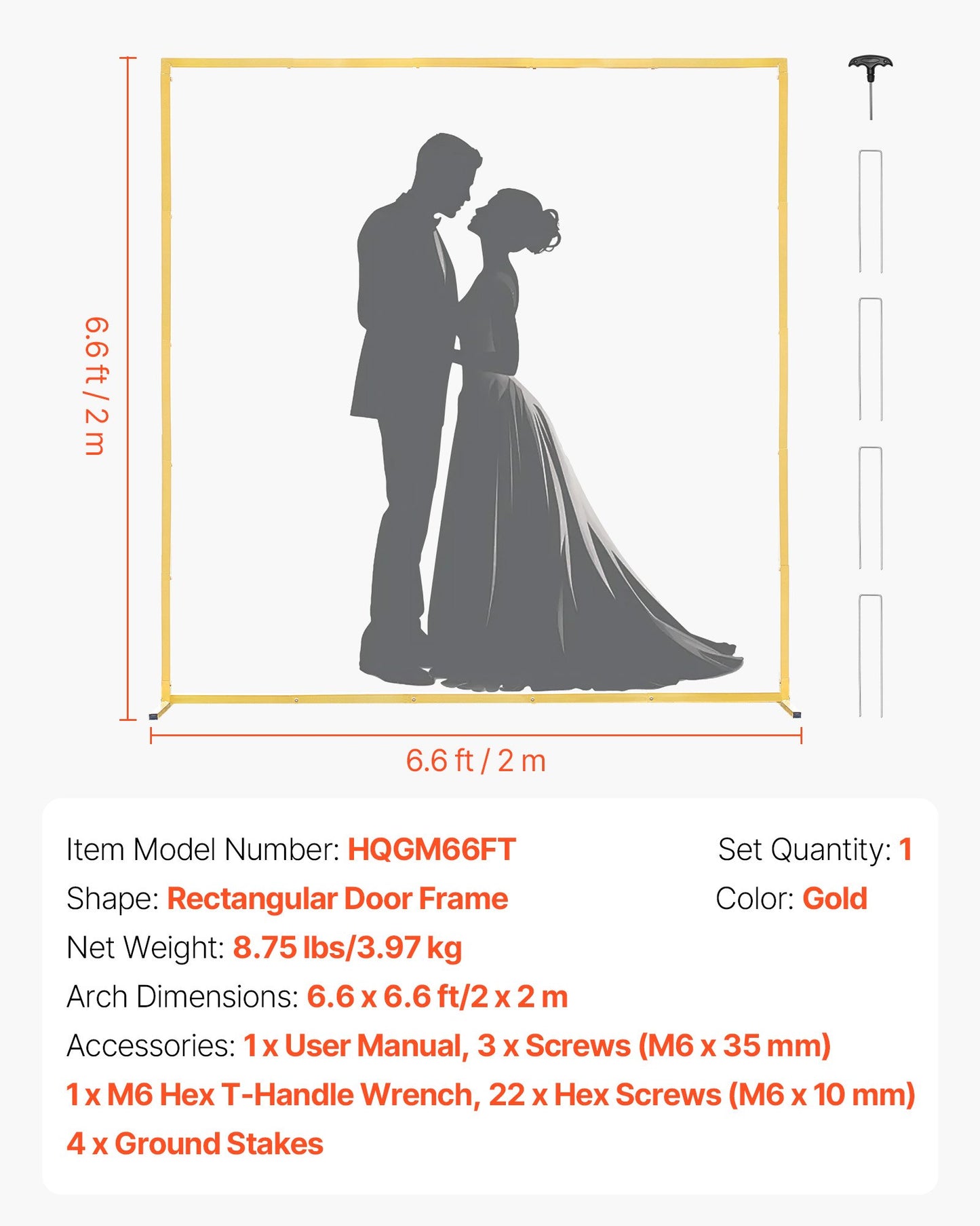 Arch Backdrop Stand, 6.6 x 6.6 ft, Stable Structure, Easy Assembly, Square Gold Metal Arch Backdrop Stand for Wedding, Birthday Party, Graduation, Holiday Celebration, and Ceremony Decoration