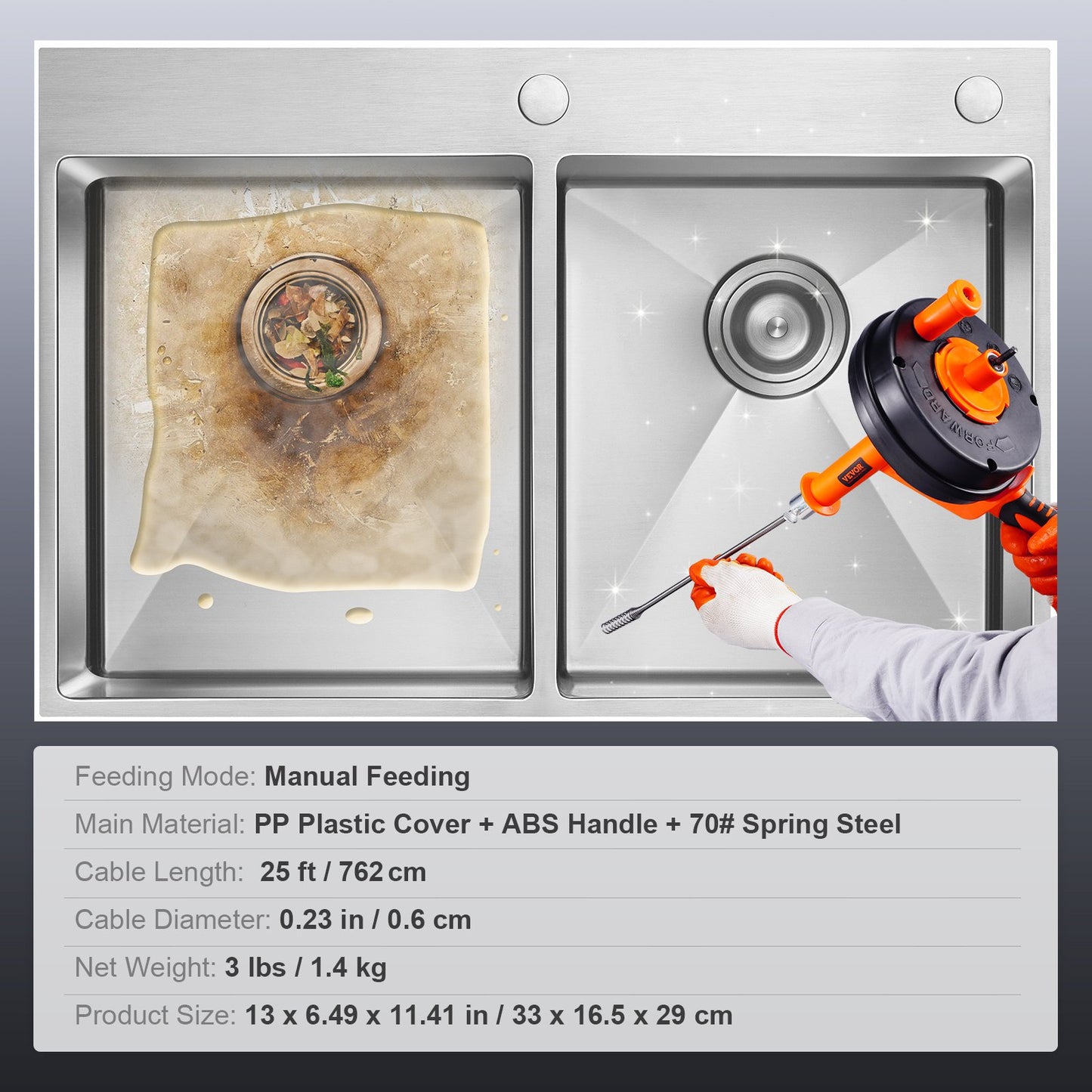 Drain Auger 25Ft, Plumbing Snake with Drill Attachment, Plumbers Snake Drain Clog Remover for Kitchen Bathroom Shower Sink with Protective Hose and Gloves