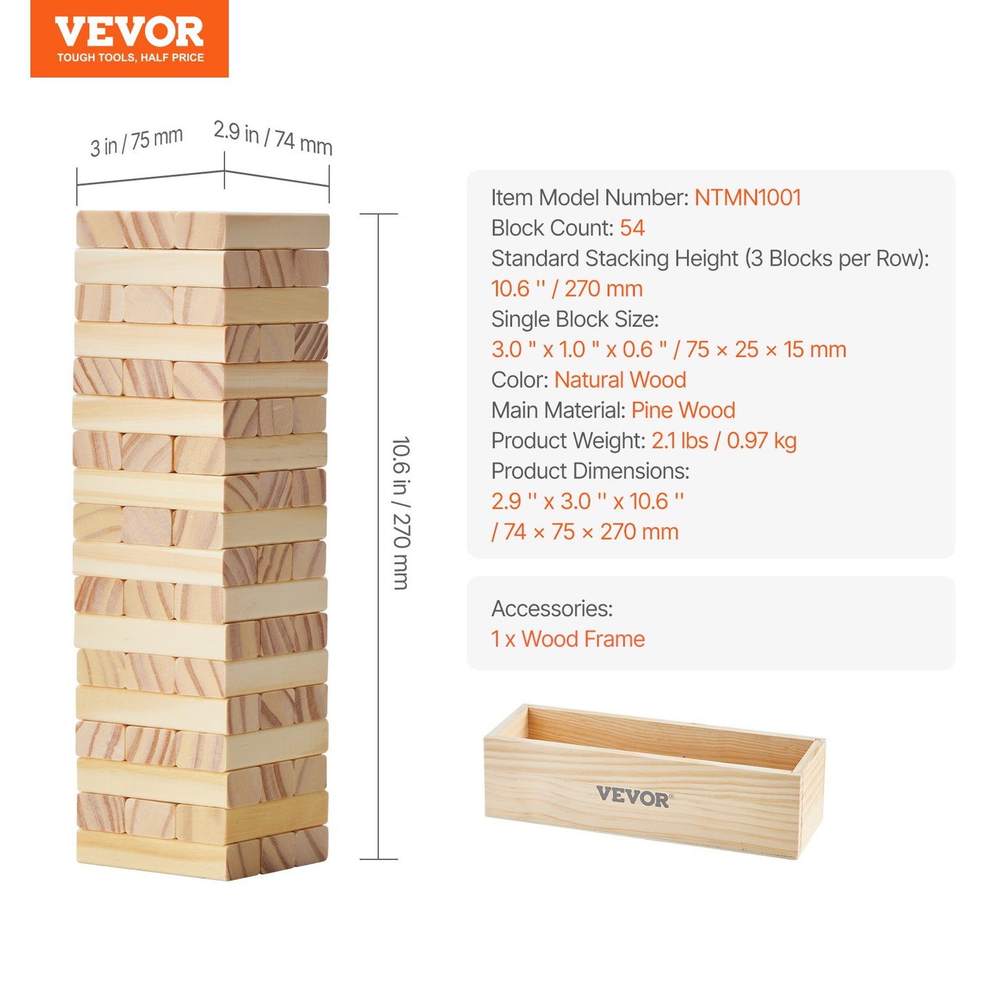 Tumbling Timber Toy, 54 Blocks Tumble Tower Blocks Game, Pine Wood Tumbling Tower Game with Storage Crate, Wooden Stacking Game for 1 or More Players, Tumble Tower Family Game for Indoor/Outdoor