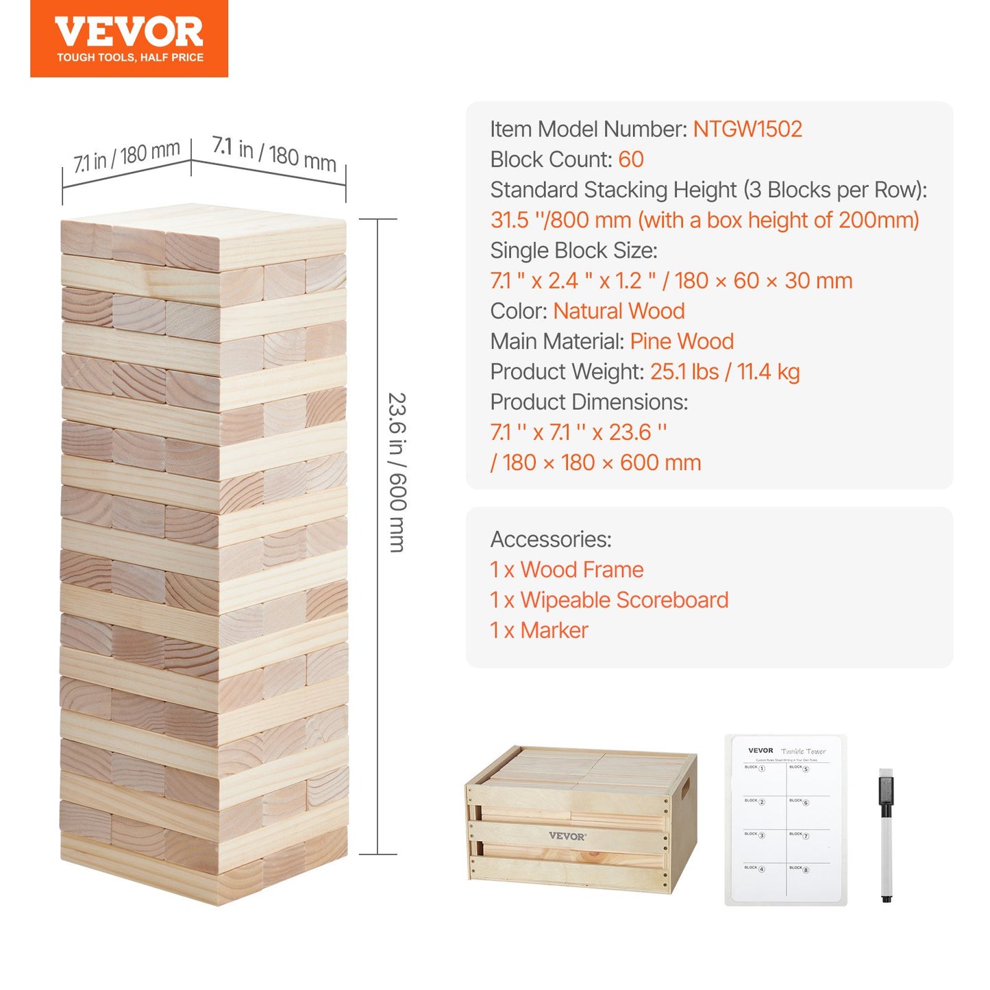 Tumbling Timber Toy, 60 Blocks Giant Tumble Tower Blocks Game, Pine Wood Tumbling Tower Game with Storage Crate and Scoreboard, Wooden Stacking Game, Tumble Tower Family Games for Indoor/Outdoor