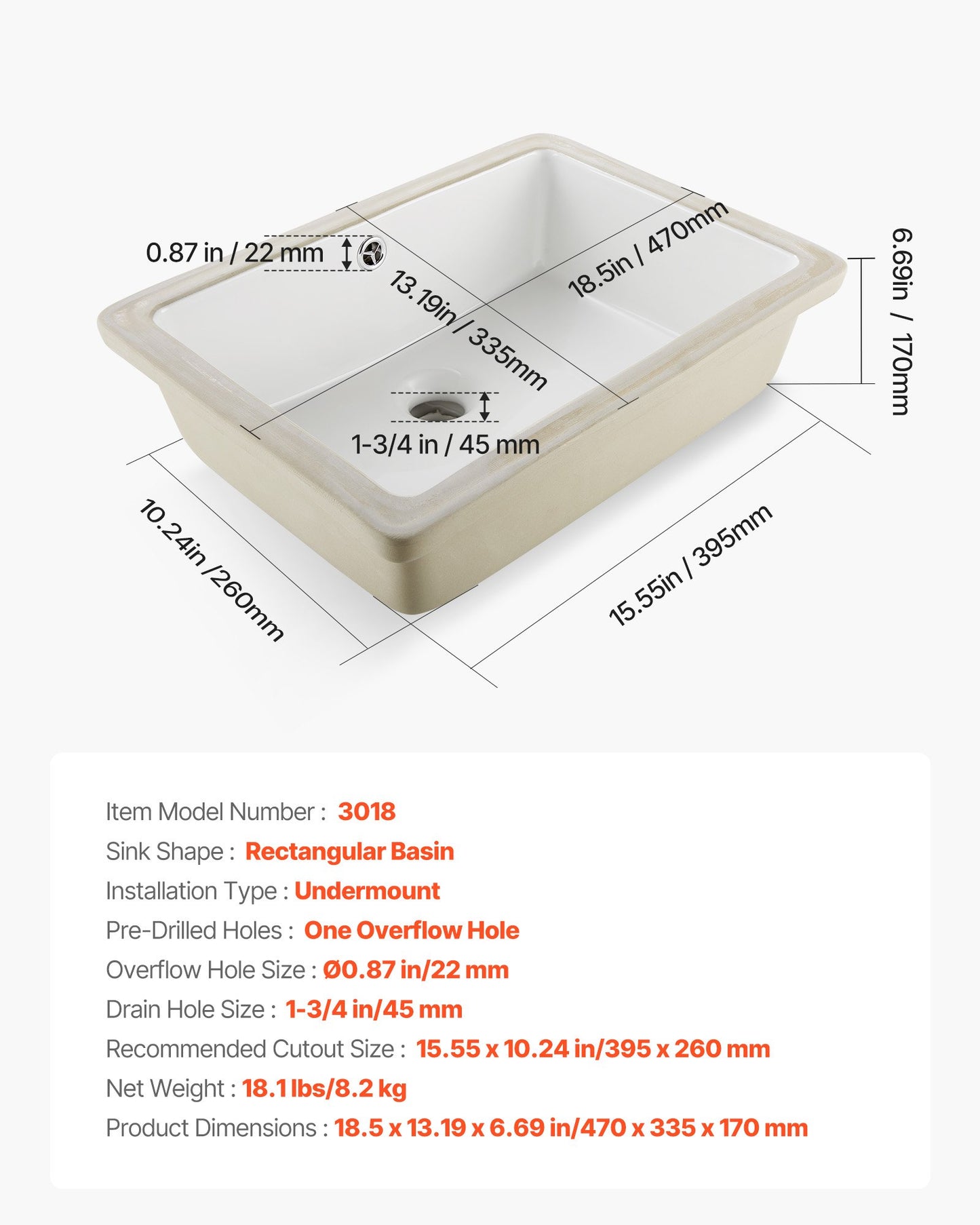 Undermount Bathroom Sink, 18.5 x 13.19 Inch Rectangular White Ceramic Vessel Sink with Overflow Hole, Under Counter Drop in Modern Lavatory Vanity Bath Wash Bowl Basin, Rectangle Small Space