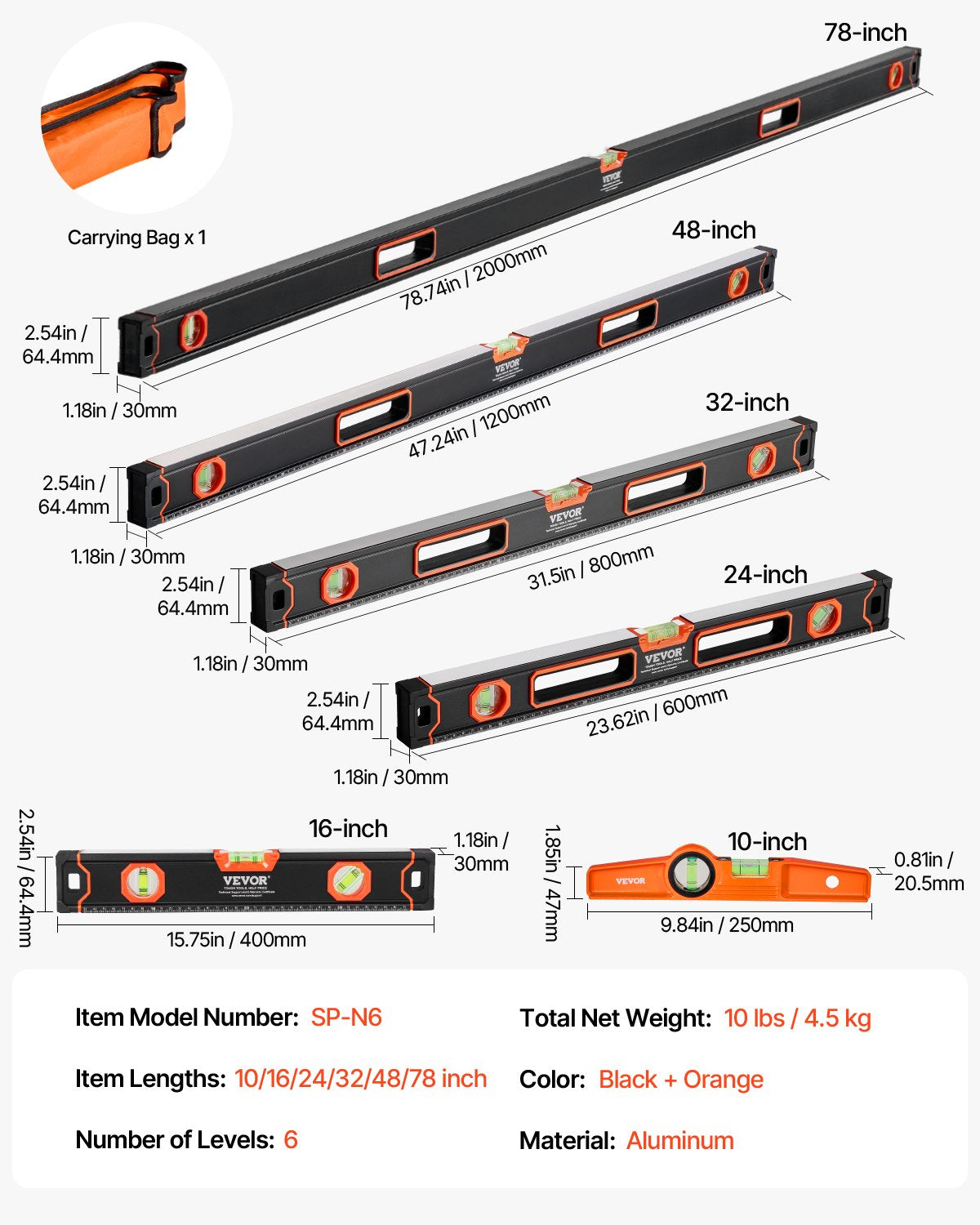 6-Piece Torpedo Level, 78/48/32/24/16/10 Inch Box Levels Set, Bubble Vials Ruler for 45/90/180 Degree, Shock-Proof Aluminum Alloy Magnetic Leveler Tool, SAE/Metric Scale(Only 10-inch has magnet)