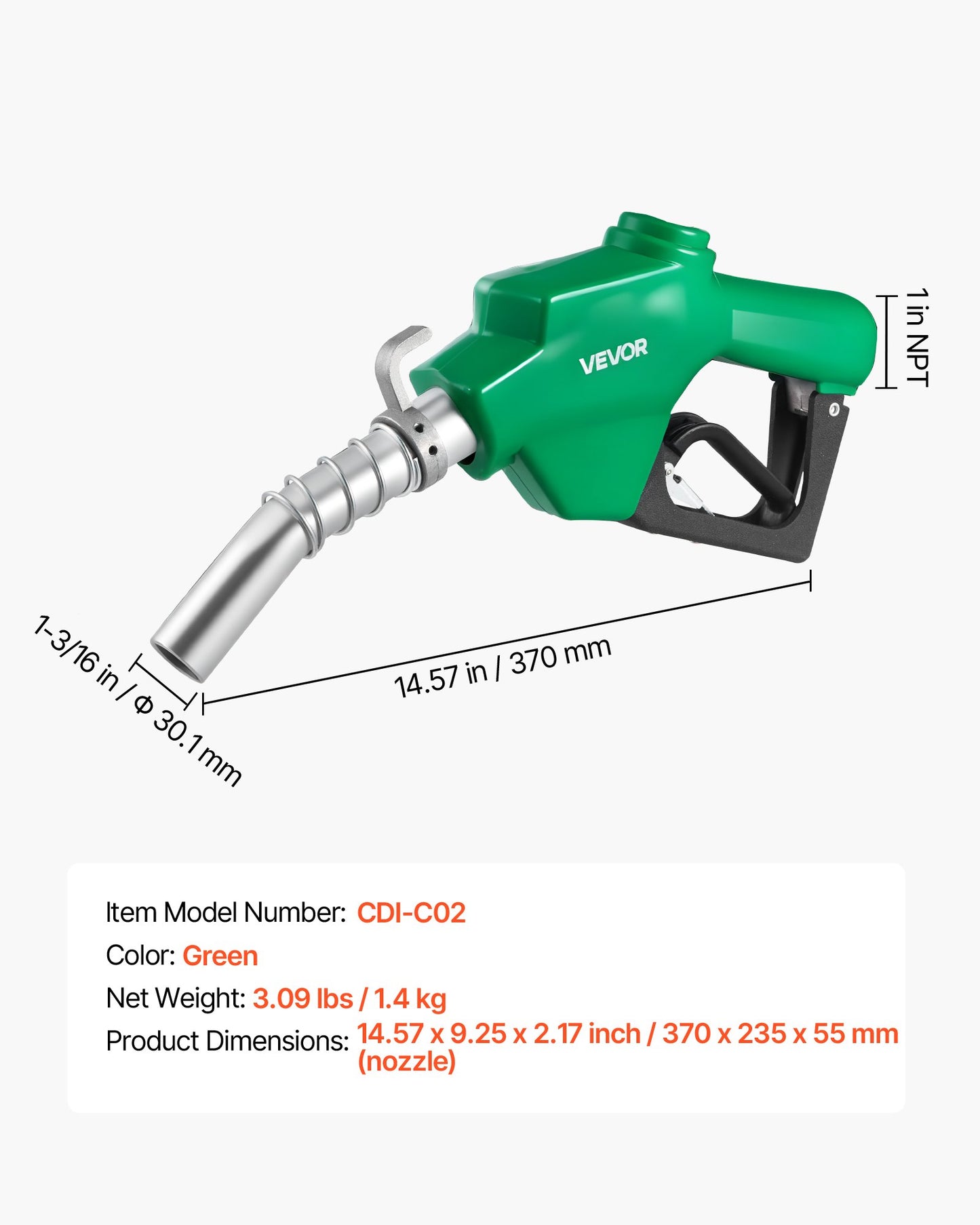 1 Inch NPT Automatic Fuel Nozzle, Max Flow Rate 21.6 GPM, Auto Shut Off Diesel Gas Pump Nozzle with 3-Speed Trigger Lock & 1-3/16 in (OD=30.1 mm) Spout for Gasoline, Diesel, Kerosene, Green