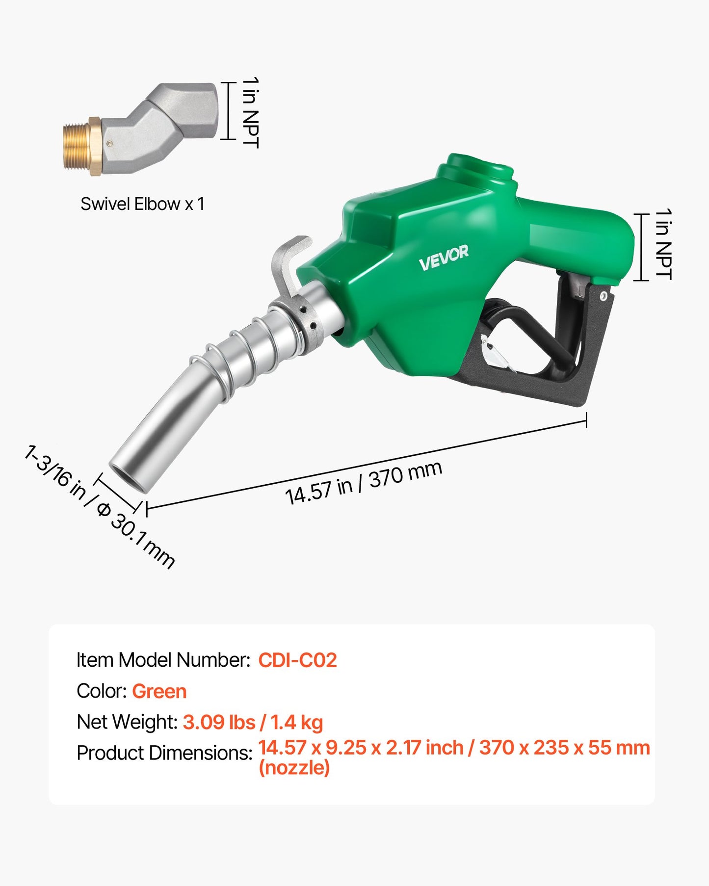 1 Inch NPT Automatic Fuel Nozzle with Swivel, Max Flow Rate 21.6 GPM, Auto Shut Off Diesel Gas Pump Nozzle with 3-Speed Trigger Lock & 1-3/16 in (OD=30.1 mm) Spout for Gasoline, Diesel, Kerosene