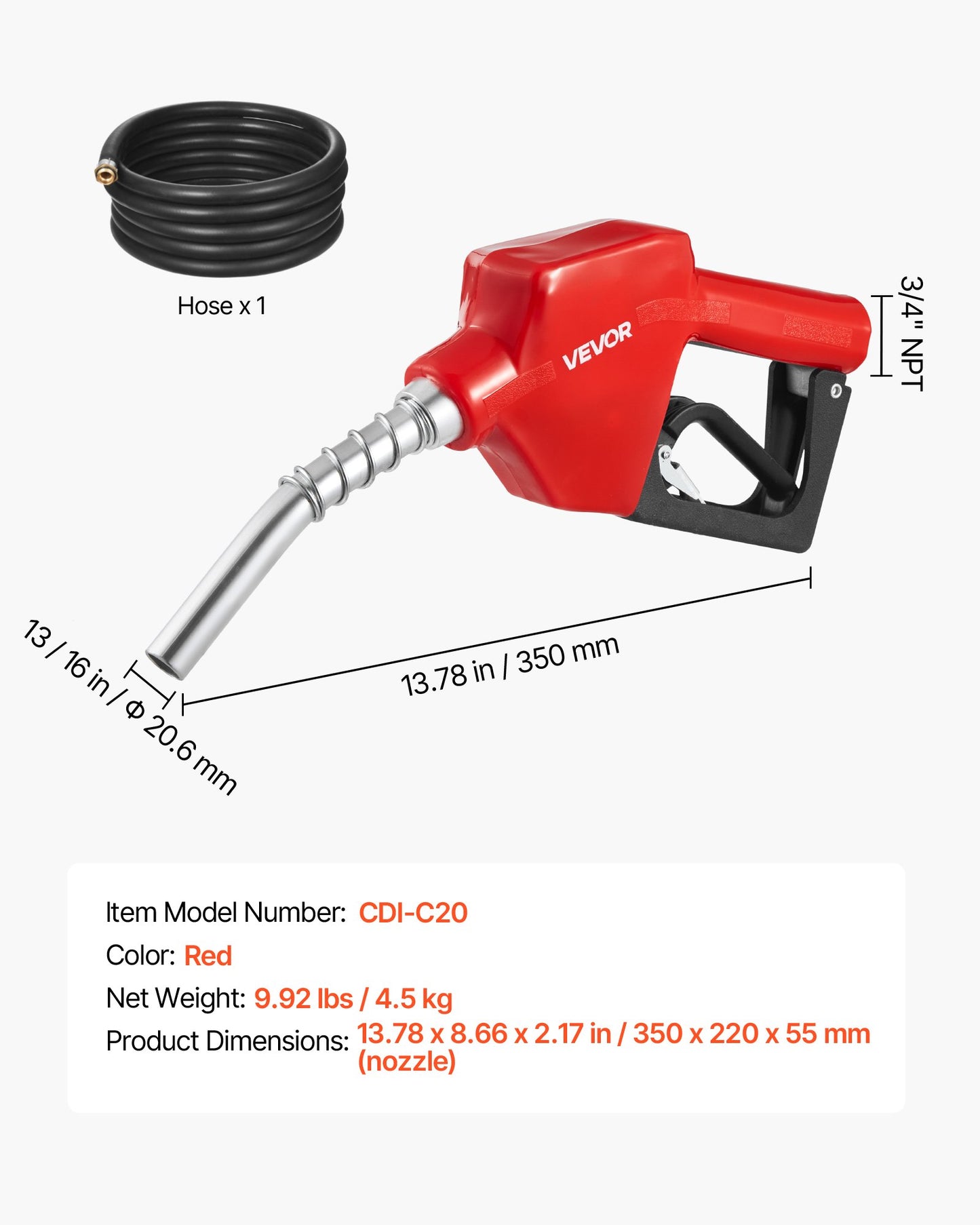 3/4-Inch NPT Automatic Fuel Nozzle, Max Flow Rate 11.8 GPM, Auto Shut Off Diesel Gas Pump Nozzle with 3-Speed Trigger Lock & 13/16-Inch (OD=20 mm) Spout for Gasoline, Diesel, Kerosene, Red