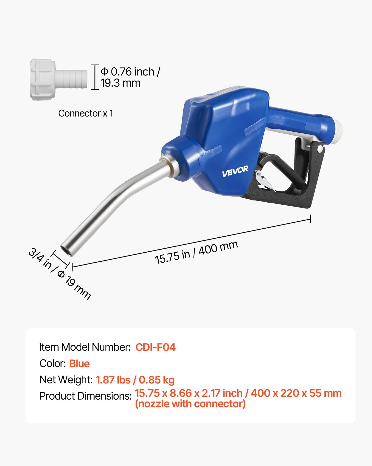 3/4-Inch Barb Diesel Exhaust Fluid Nozzle, Max Flow Rate 11.6 GPM, Auto Shut Off Dispenser Nozzle with 3-Speed Trigger Lock & 3/4-Inch (OD=19 mm) Spout, Used for Urea, Industrial Fluids, Blue