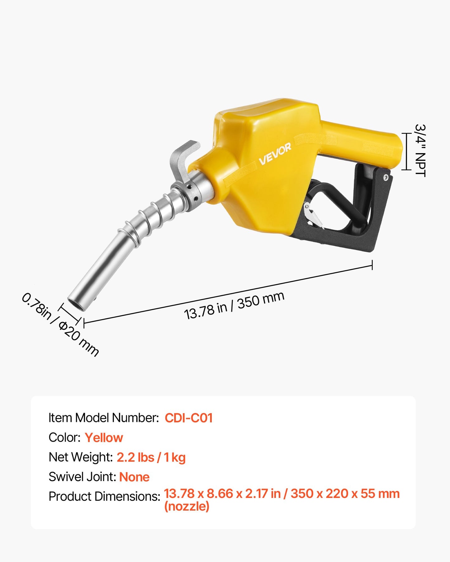 3/4-Inch NPT Automatic Fuel Nozzle, Max Flow Rate 11.8 GPM, Auto Shut Off Diesel Gas Pump Nozzle with 3-Speed Trigger Lock & 0.78 in (OD=20 mm) Spout for Gasoline, Diesel, Kerosene, Yellow