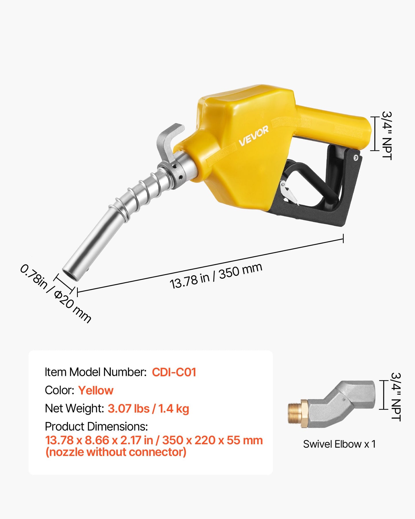 3/4-Inch NPT Automatic Fuel Nozzle with Swivel, Max Flow Rate 11.8 GPM, Auto Shut Off Diesel Gas Pump Nozzle with 3-Speed Trigger Lock & 0.78 in (OD=20 mm) Spout for Gasoline, Diesel, Kerosene