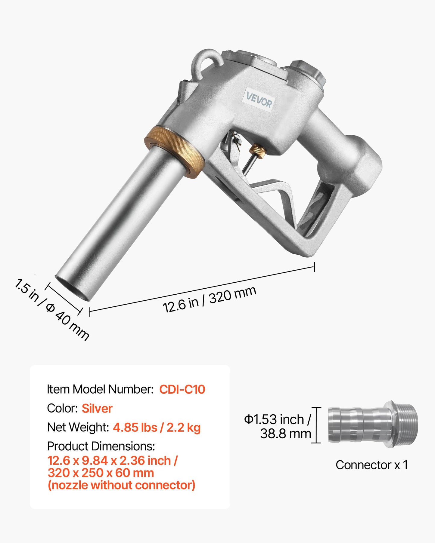 1.5 Inch Barb Automatic Fuel Nozzle with Swivel, Max Flow Rate 37 GPM, Auto Shut Off Diesel Gas Pump Nozzle with 3-Speed Trigger Lock & 1.5 Inch (OD=40 mm) Spout for Gasoline, Diesel, Kerosene