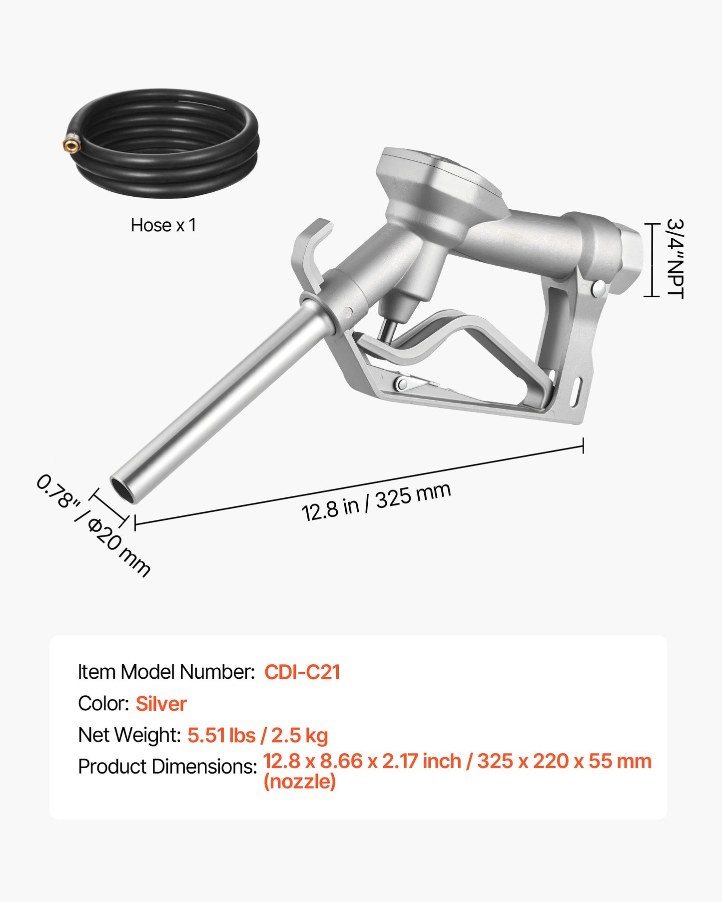3/4-Inch NPT Fuel Nozzle with 10 ft Hose, Max Flow Rate 22.7 GPM, Diesel Gas Pump Nozzle with 2-Speed Trigger Lock & 0.78 in (OD=20 mm) Spout Used for Gasoline, Diesel, Kerosene, Silver