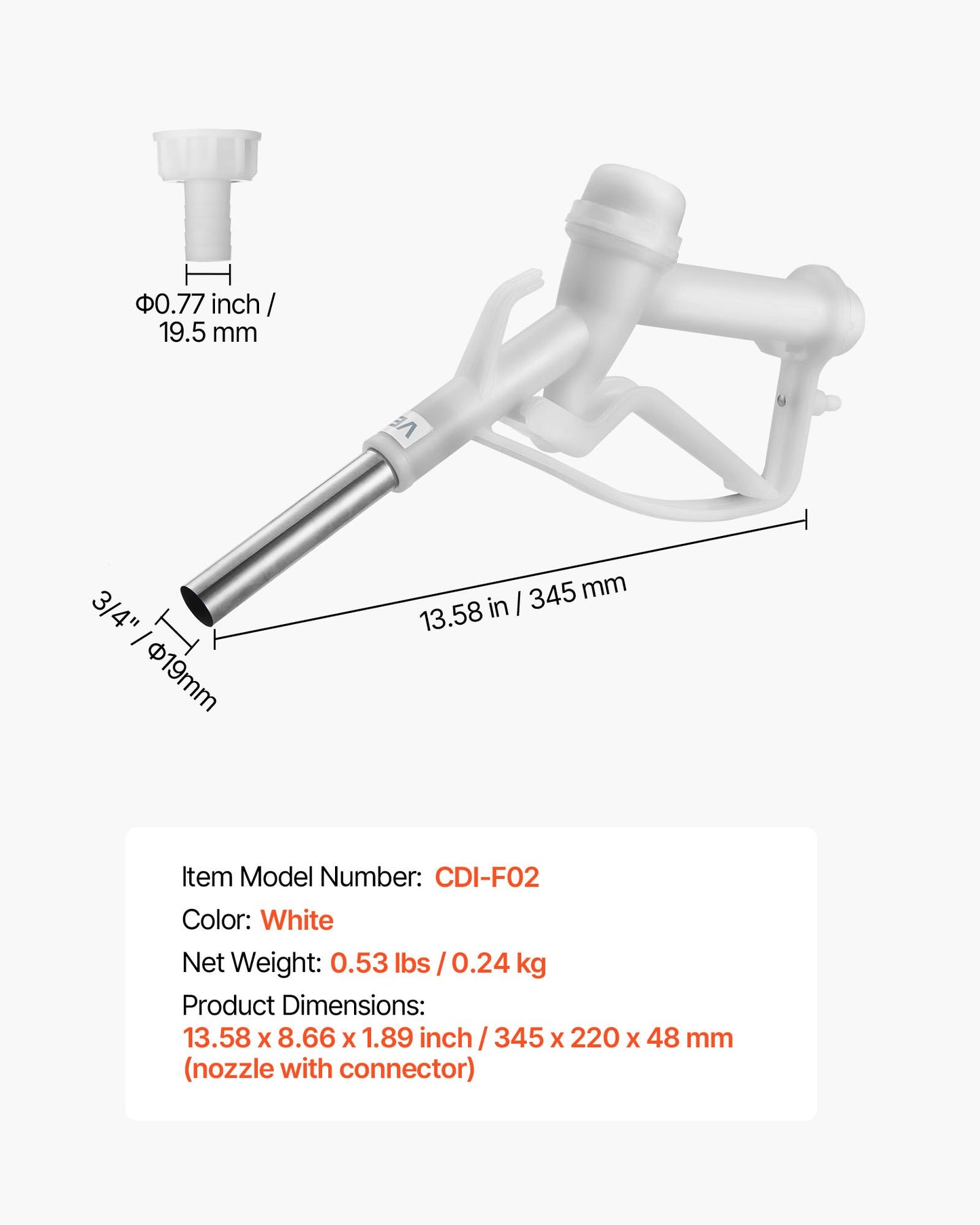 3/4-Inch Barb Diesel Exhaust Fluid Nozzle, Max Flow Rate 14.5 GPM, Plastic Dispenser Nozzle with 3/4-Inch (OD=19 mm) Spout, Lightweight & Portable, Used for Urea, Industrial Fluids, White
