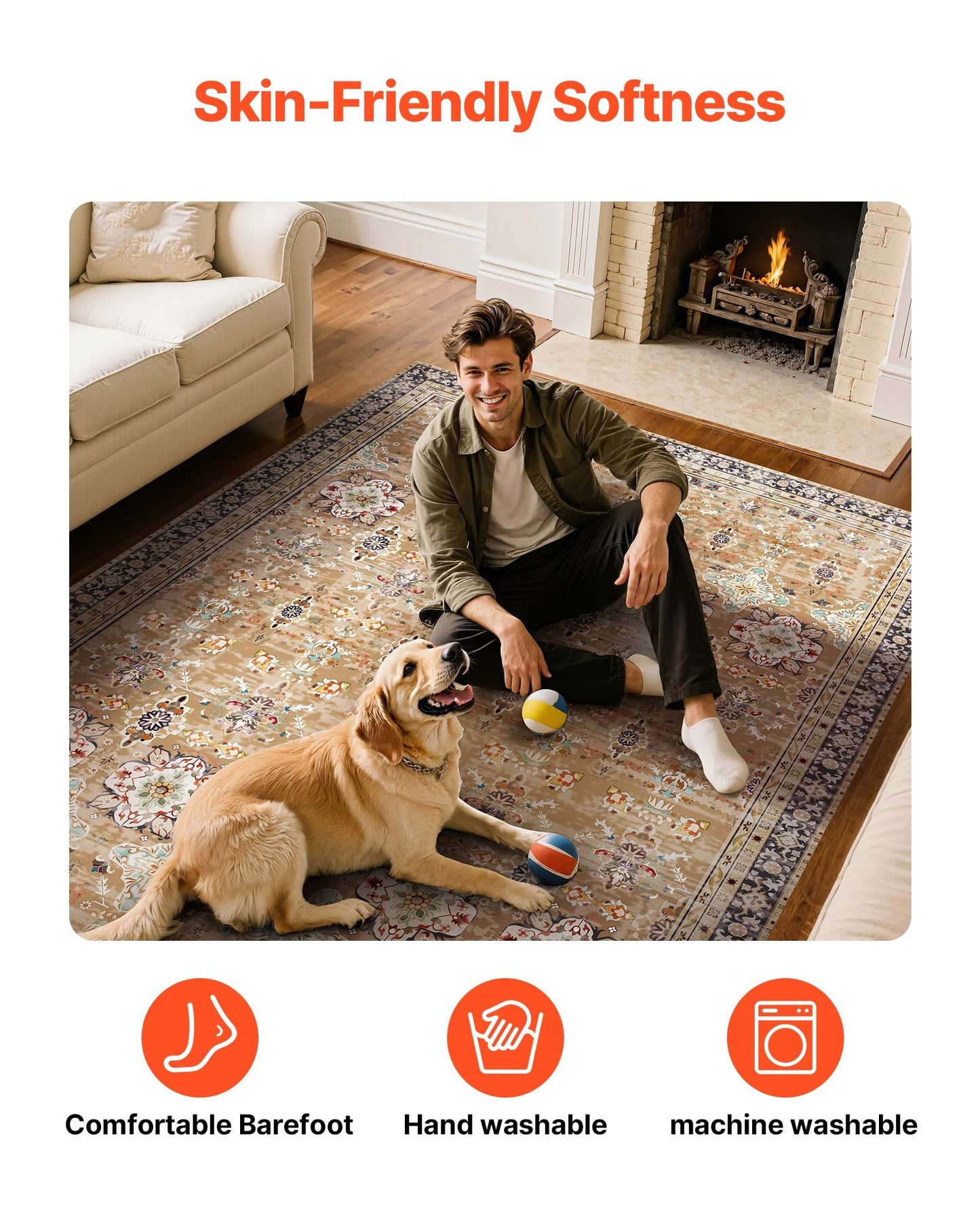 Area Rug, 9 x 12 ft Large Washable Rug, Non-Slip and Tear-Resistant Soft Carpet, Pet & Child Friendly Vintage Area Rugs, Indoor Mat for Bedroom, Living Room, Kids Room, Office, Brown Green