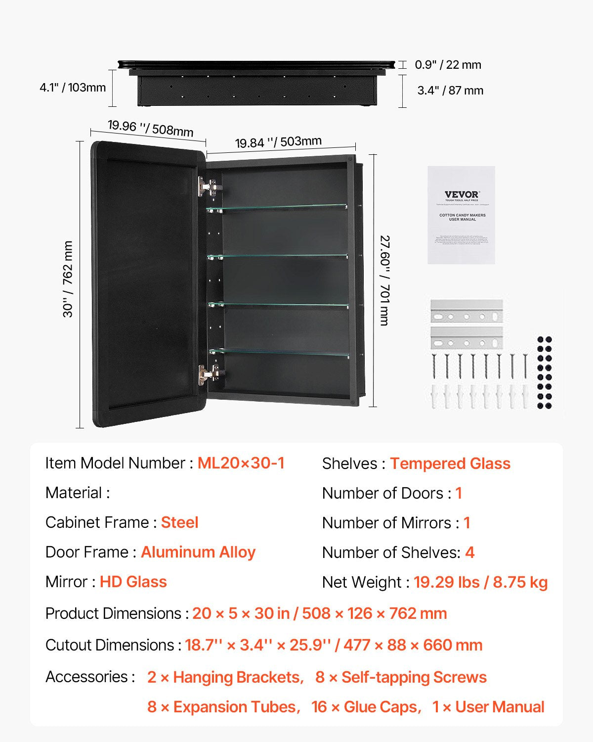 Medicine Cabinet, 20 x 30 inch, Medicine Cabinet for Bathroom with Mirror, Aluminum Frame Bathroom Wall Cabinet, 4-layer Adjustable Shelves, Recessed & Wall-mounted Installation