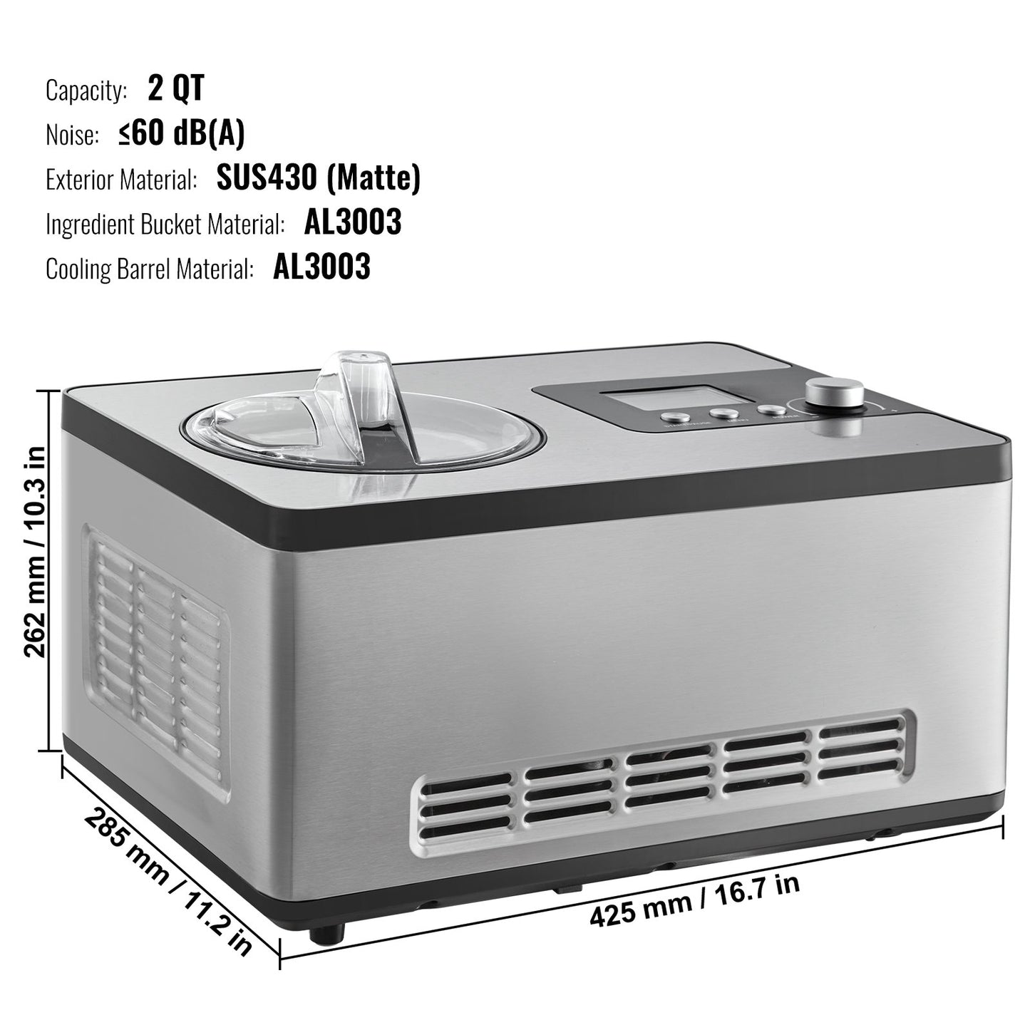 Automatic Ice Cream Maker with Built-in Compressor, 2 Quart No Pre-freezing Fruit Yogurt Machine, Stainless Steel Electric Sorbet Maker, 3 Modes Gelato Maker with LCD Display & Timer, Silver