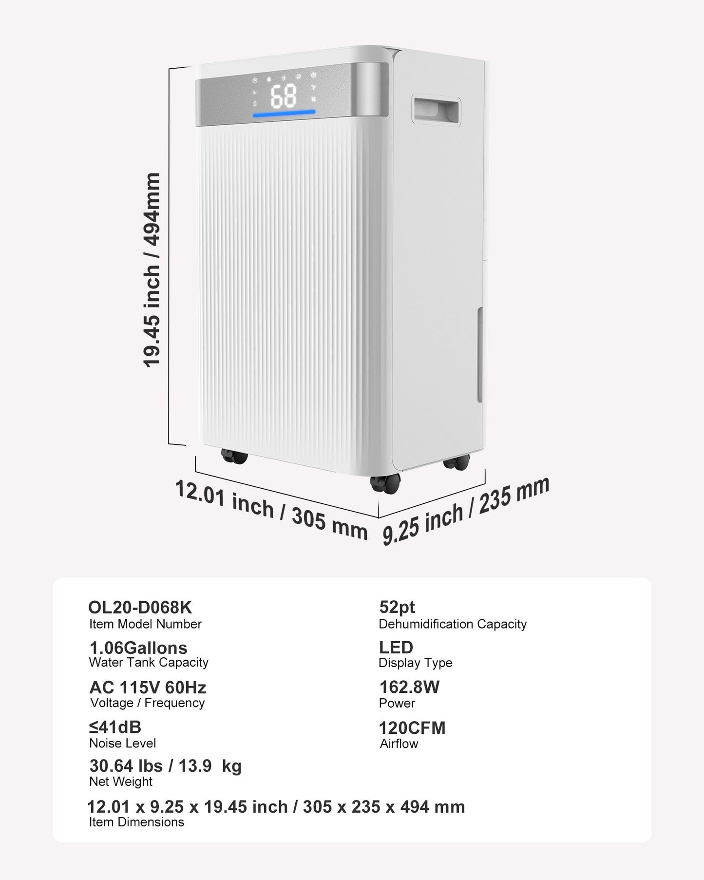 52 Pints Dehumidifier for Home & Basement, Drain Hose for Commercial & Industrial Use, Smart Humidity Control, Low Noise for Large Rooms, Warehouses, Bedrooms & Storage, Large Coverage,White