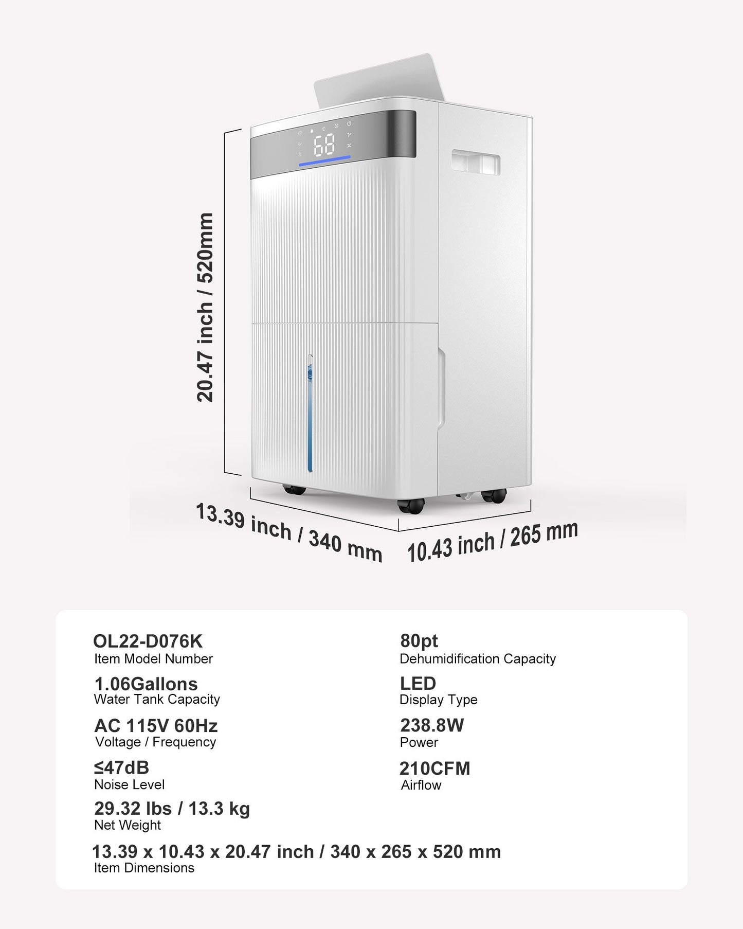 80 Pints Dehumidifier for Home & Basement, Drain Hose for Commercial & Industrial Use, Smart Humidity Control, Low Noise for Large Rooms, Warehouses, Bedrooms & Storage, Large Coverage,White