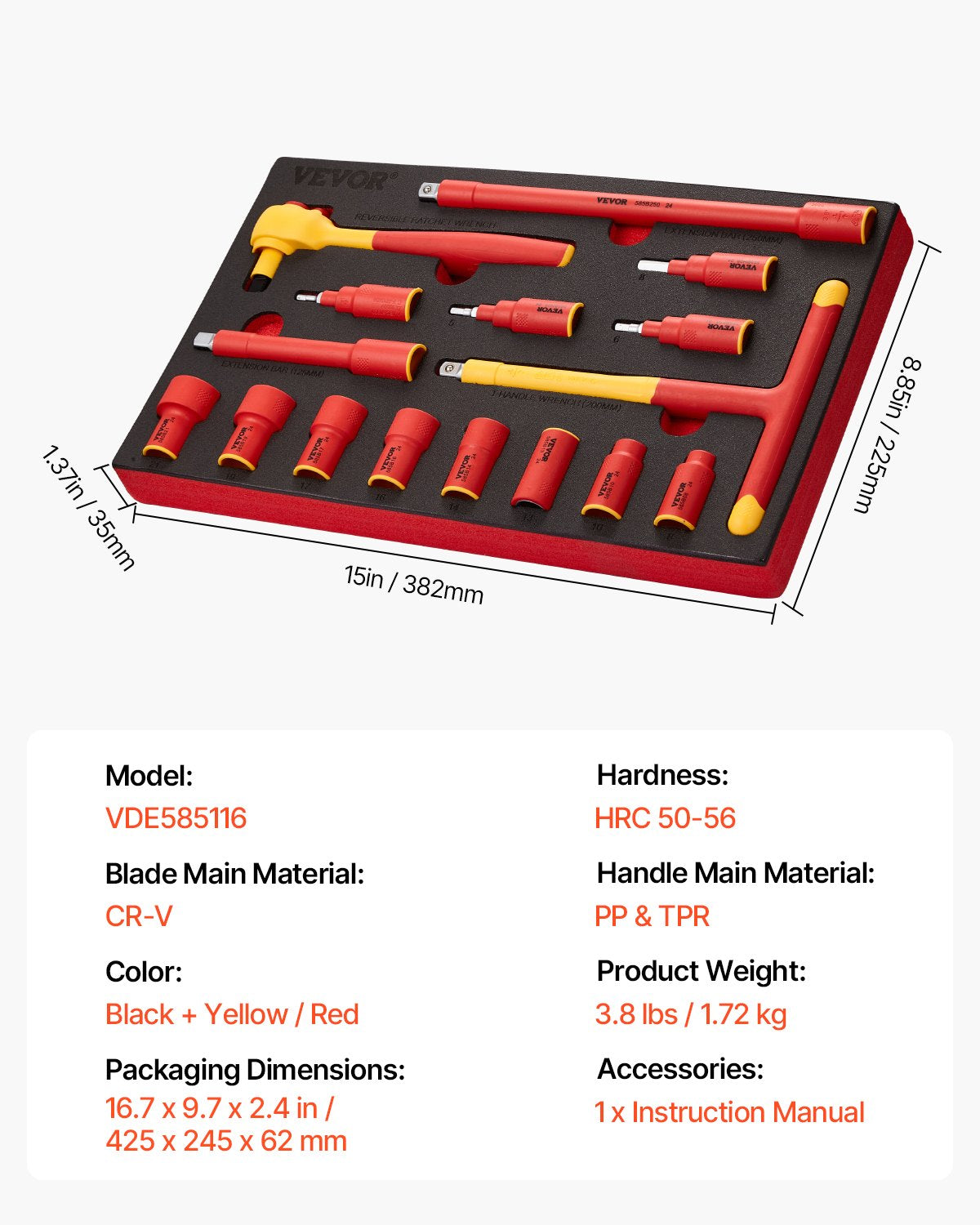 Insulated Socket Set, 16-Piece Insulated Wrench Tool Set, 1000V Insulated Socket Tool, with Insulated Sockets, Insulated T-Handle Wrench, Drive Rachet, Extensions, for Electricians Home Repair