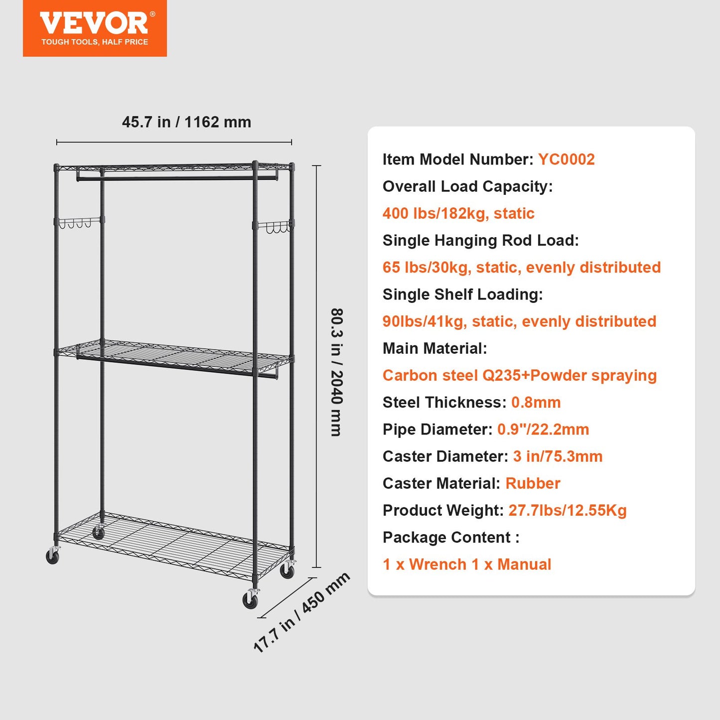 Heavy Duty Clothes Rack, Rolling Clothing Garment Rack with 3 Storage Tiers, 2 Rods and 2 Pairs Side Hooks, Adjustable Height Clothing Rack Closet for Hanging Clothes, 400 Lbs Load Capacity