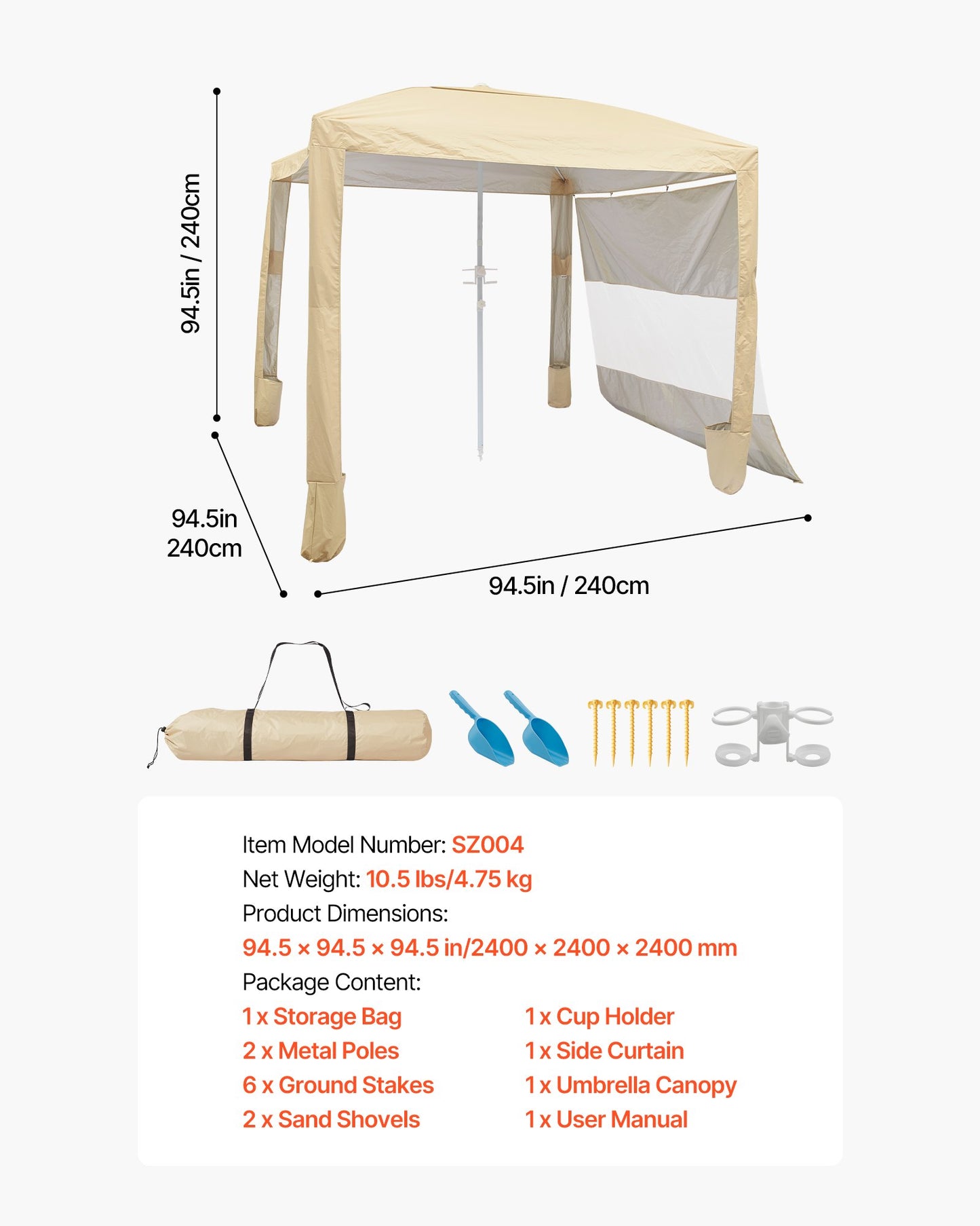 Beach Cabana, 8 x 8 ft Beach Canopy with Side Wall, UPF 50+ Protection Easy Setup Cabana Tent with Sand Pockets, Adjustable Height Portable Shade Sun Shelter Umbrella for Family & Friends, Khaki