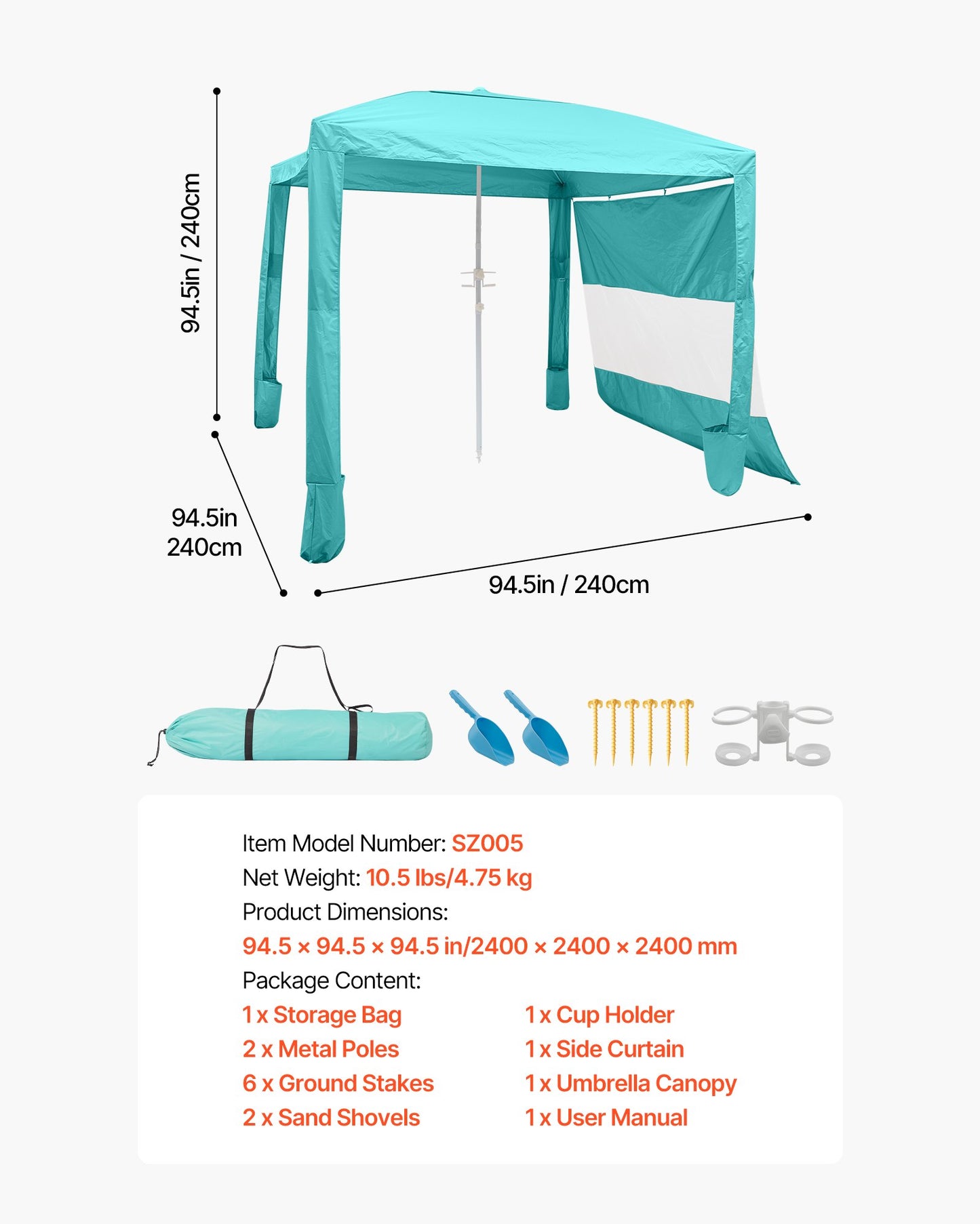 Beach Cabana, 8 x 8 ft Beach Canopy with Side Wall, UPF 50+ Protection Easy Setup Cabana Tent with Sand Pockets, Adjustable Height Portable Shade Sun Shelter Umbrella for Family & Friends, Green
